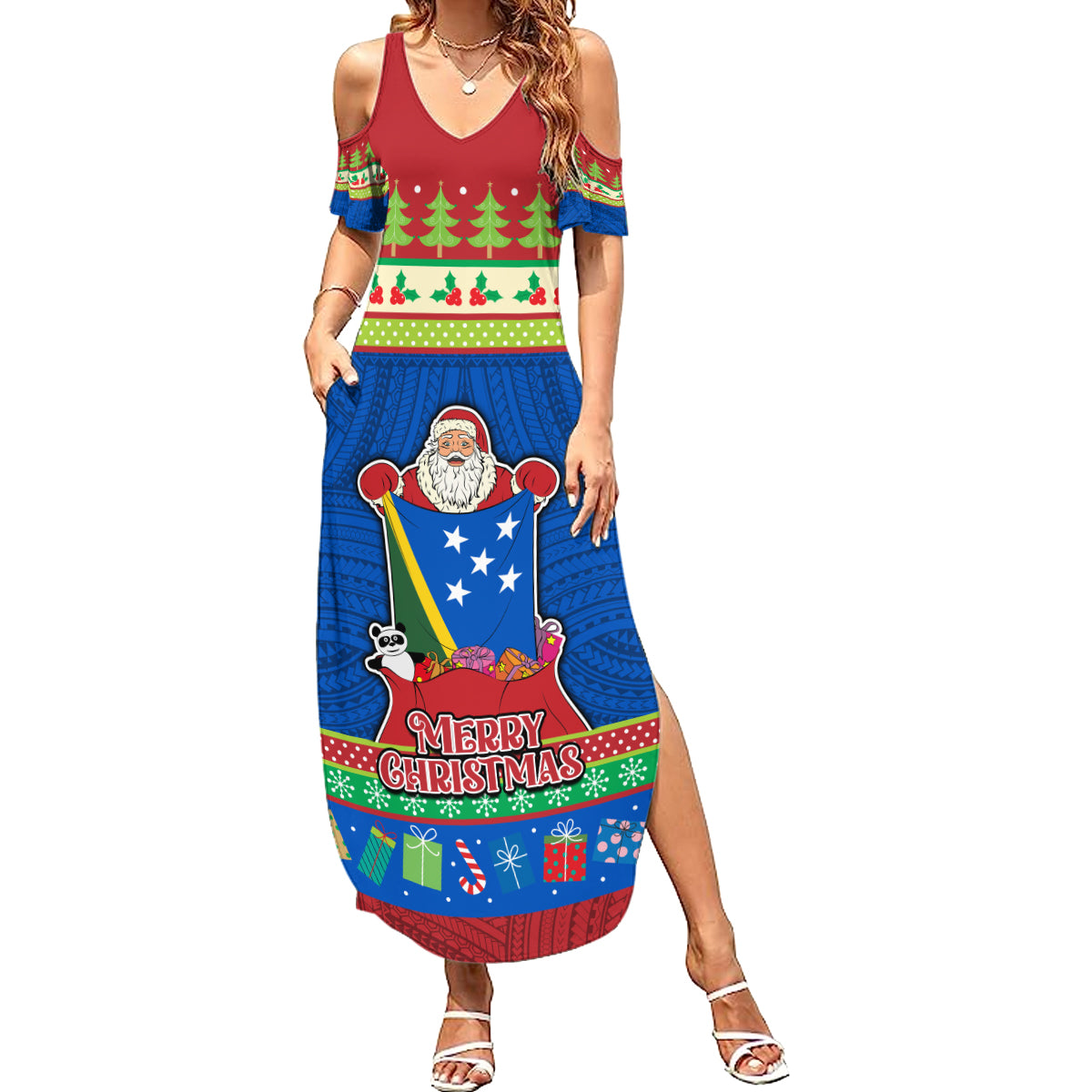 Solomon Islands Christmas Family Matching Summer Maxi Dress and Hawaiian Shirt Santa With Flag Of Solomon Polynesian Tribal Xmas Vibe LT03 Mom's Dress Blue - Polynesian Pride