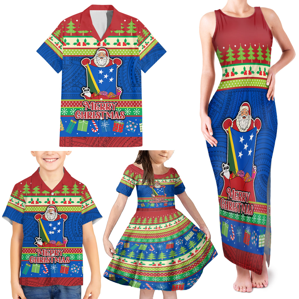 Solomon Islands Christmas Family Matching Tank Maxi Dress and Hawaiian Shirt Santa With Flag Of Solomon Polynesian Tribal Xmas Vibe LT03 - Polynesian Pride