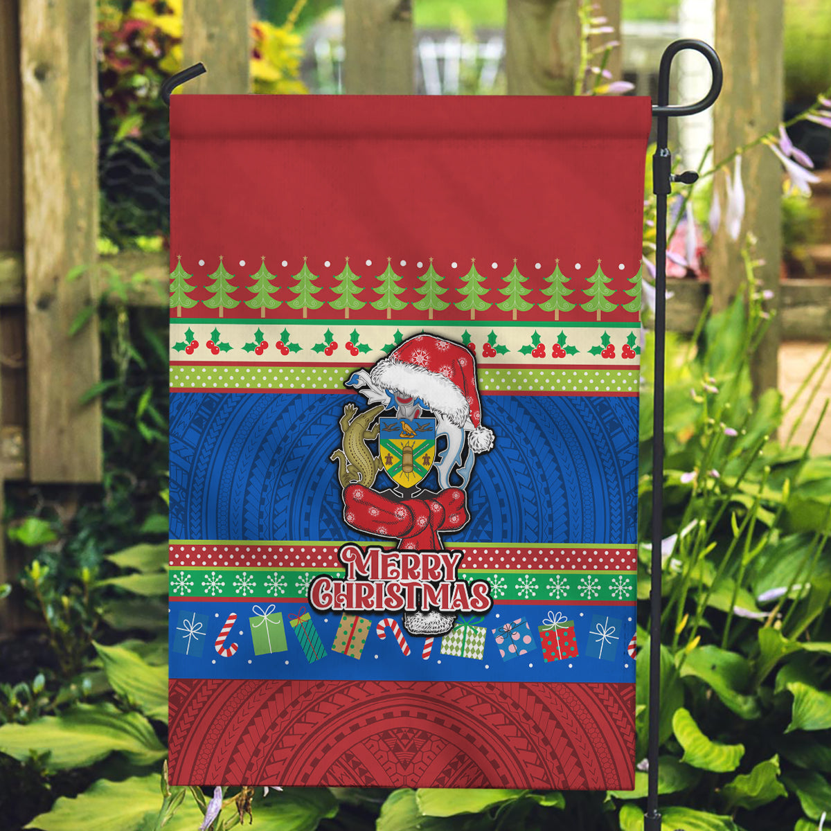 Solomon Islands Christmas Garden Flag Santa With Flag Of Solomon Polynesian Tribal Xmas Vibe LT03 Garden Flag Blue - Polynesian Pride