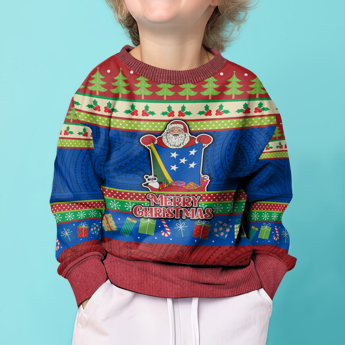 Solomon Islands Christmas Kid Ugly Christmas Sweater Santa With Flag Of Solomon Polynesian Tribal Xmas Vibe LT03 - Polynesian Pride
