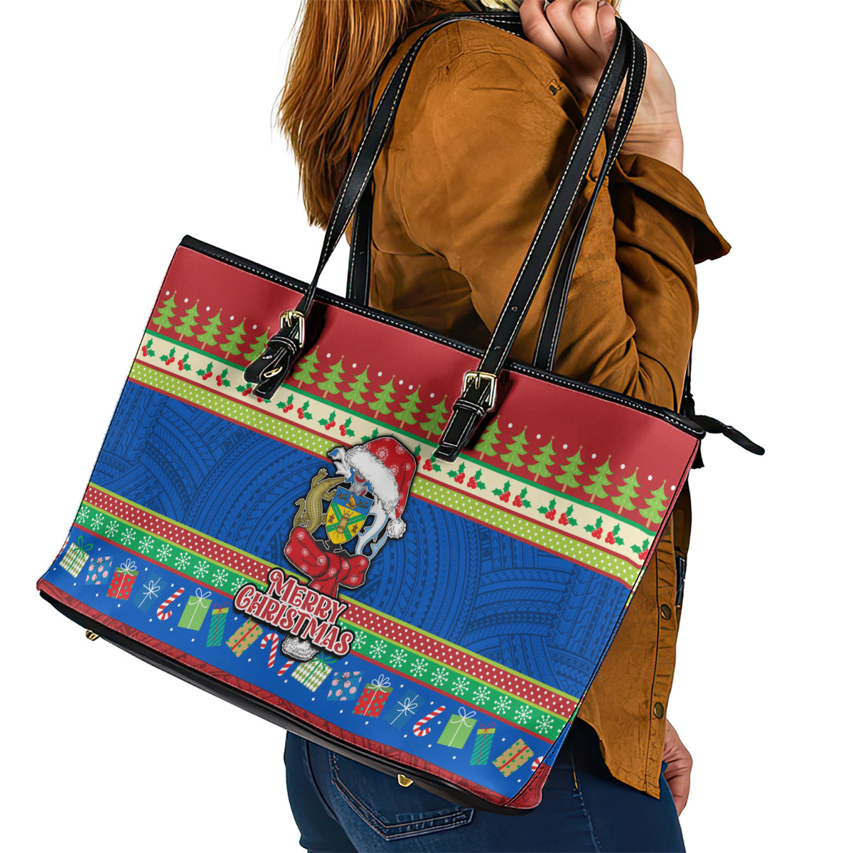 Solomon Islands Christmas Leather Tote Bag Santa With Flag Of Solomon Polynesian Tribal Xmas Vibe LT03 - Polynesian Pride