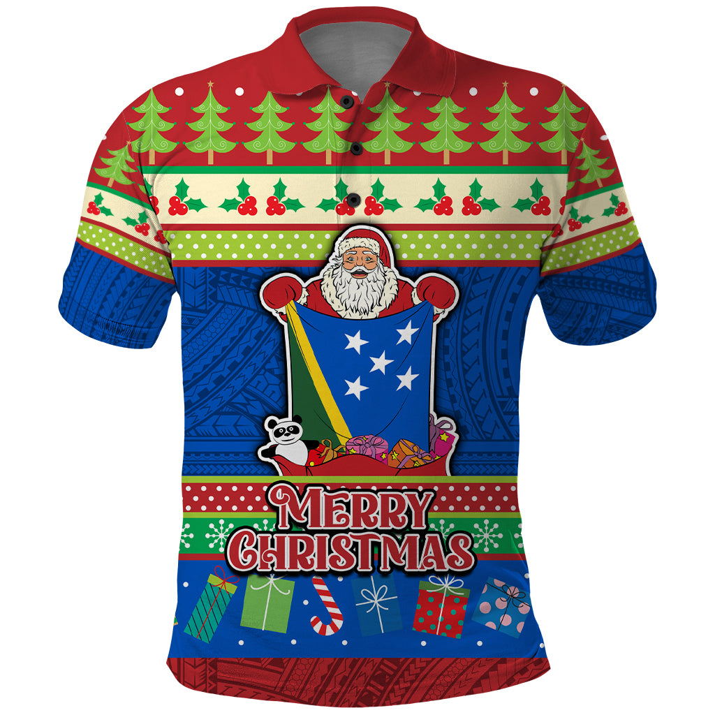 Solomon Islands Christmas Polo Shirt Santa With Flag Of Solomon Polynesian Tribal Xmas Vibe LT03 Blue - Polynesian Pride