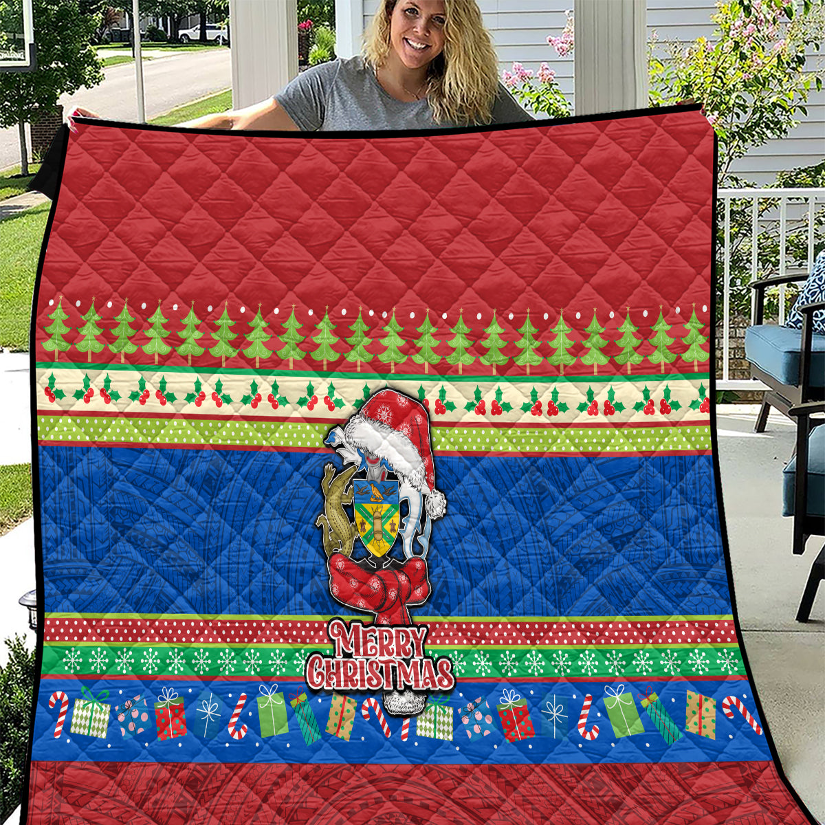 Solomon Islands Christmas Quilt Santa With Flag Of Solomon Polynesian Tribal Xmas Vibe LT03 Blue - Polynesian Pride