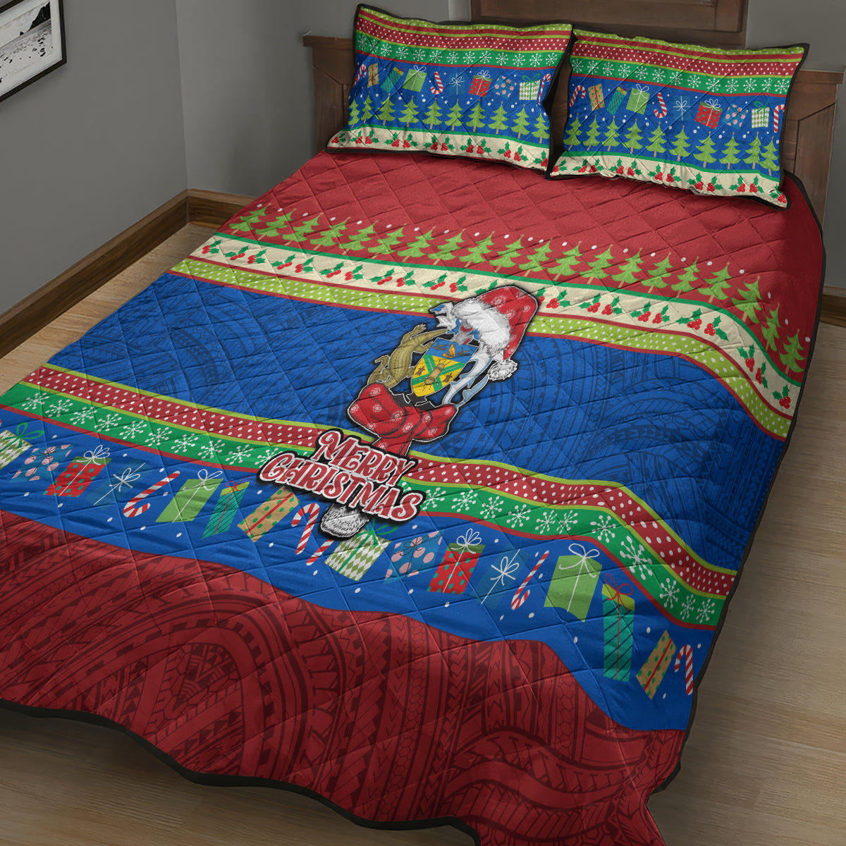 Solomon Islands Christmas Quilt Bed Set Santa With Flag Of Solomon Polynesian Tribal Xmas Vibe LT03 - Polynesian Pride