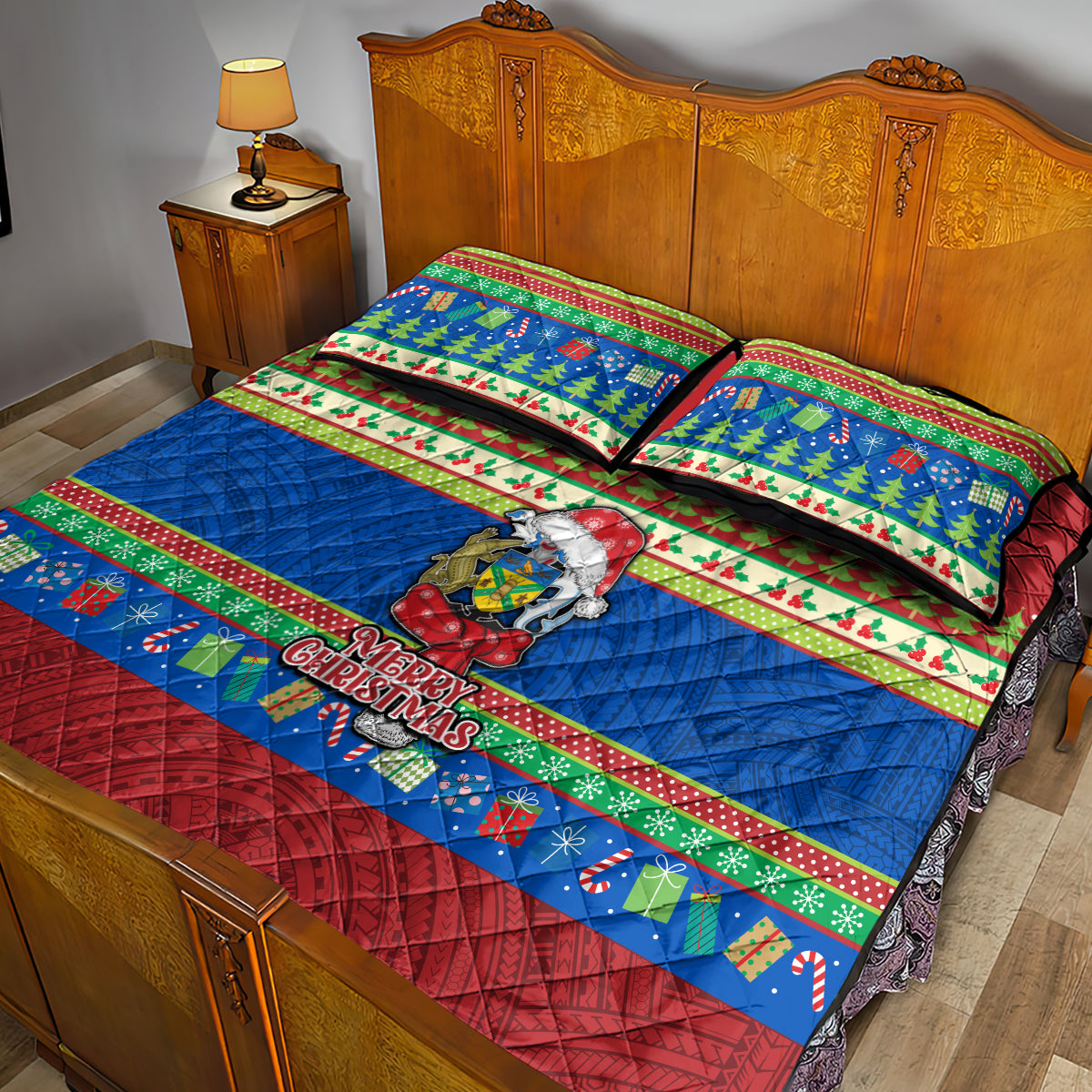 Solomon Islands Christmas Quilt Bed Set Santa With Flag Of Solomon Polynesian Tribal Xmas Vibe LT03 - Polynesian Pride