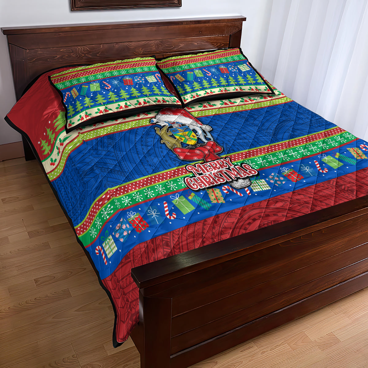 Solomon Islands Christmas Quilt Bed Set Santa With Flag Of Solomon Polynesian Tribal Xmas Vibe LT03 - Polynesian Pride