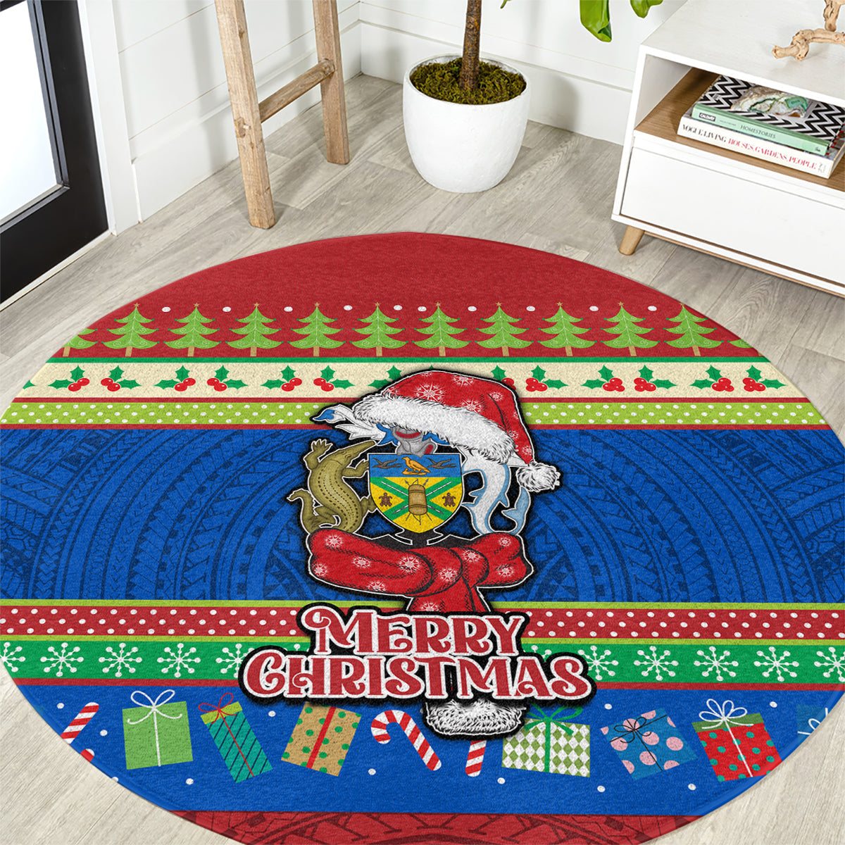 Solomon Islands Christmas Round Carpet Santa With Flag Of Solomon Polynesian Tribal Xmas Vibe LT03 Blue - Polynesian Pride