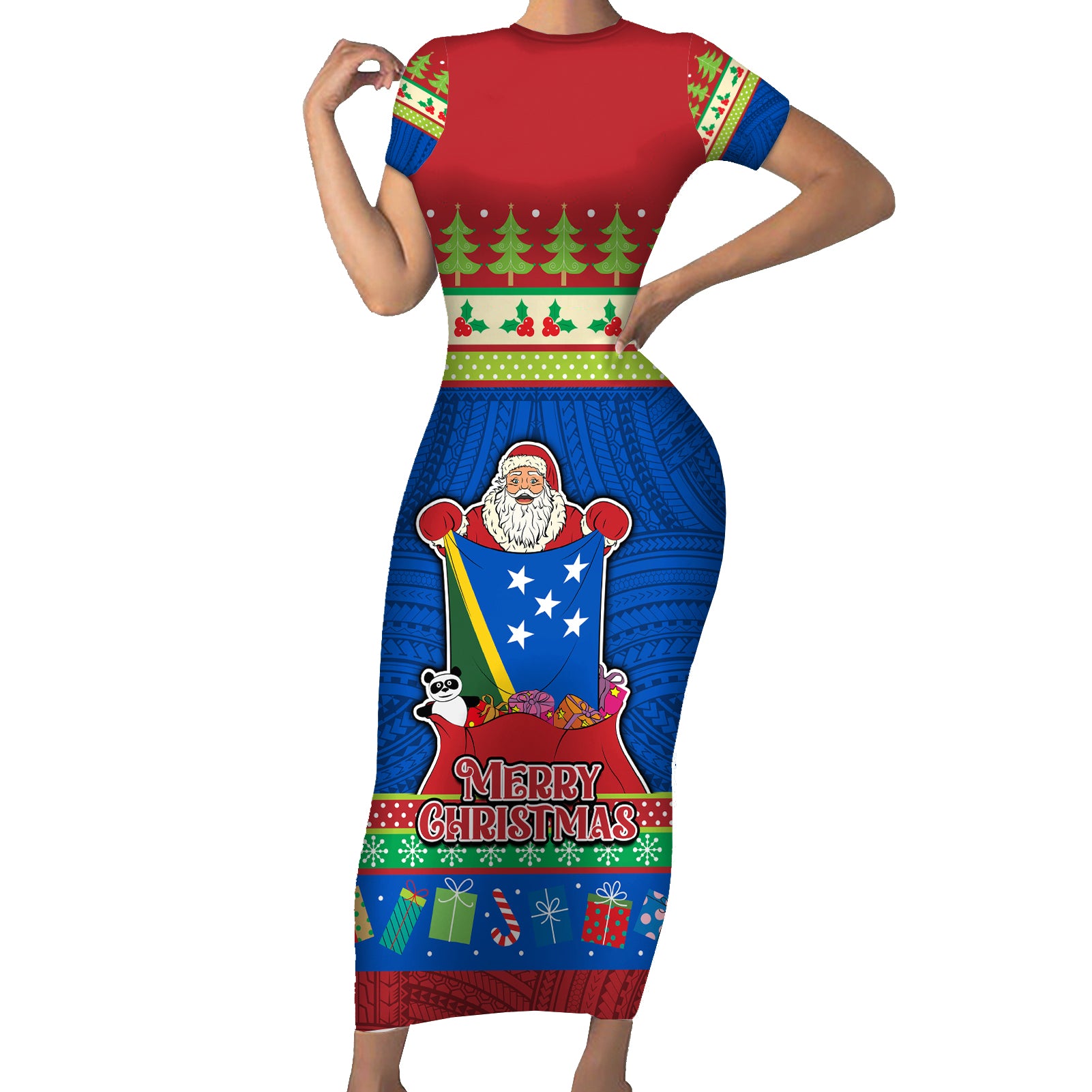 Solomon Islands Christmas Short Sleeve Bodycon Dress Santa With Flag Of Solomon Polynesian Tribal Xmas Vibe LT03 Long Dress Blue - Polynesian Pride