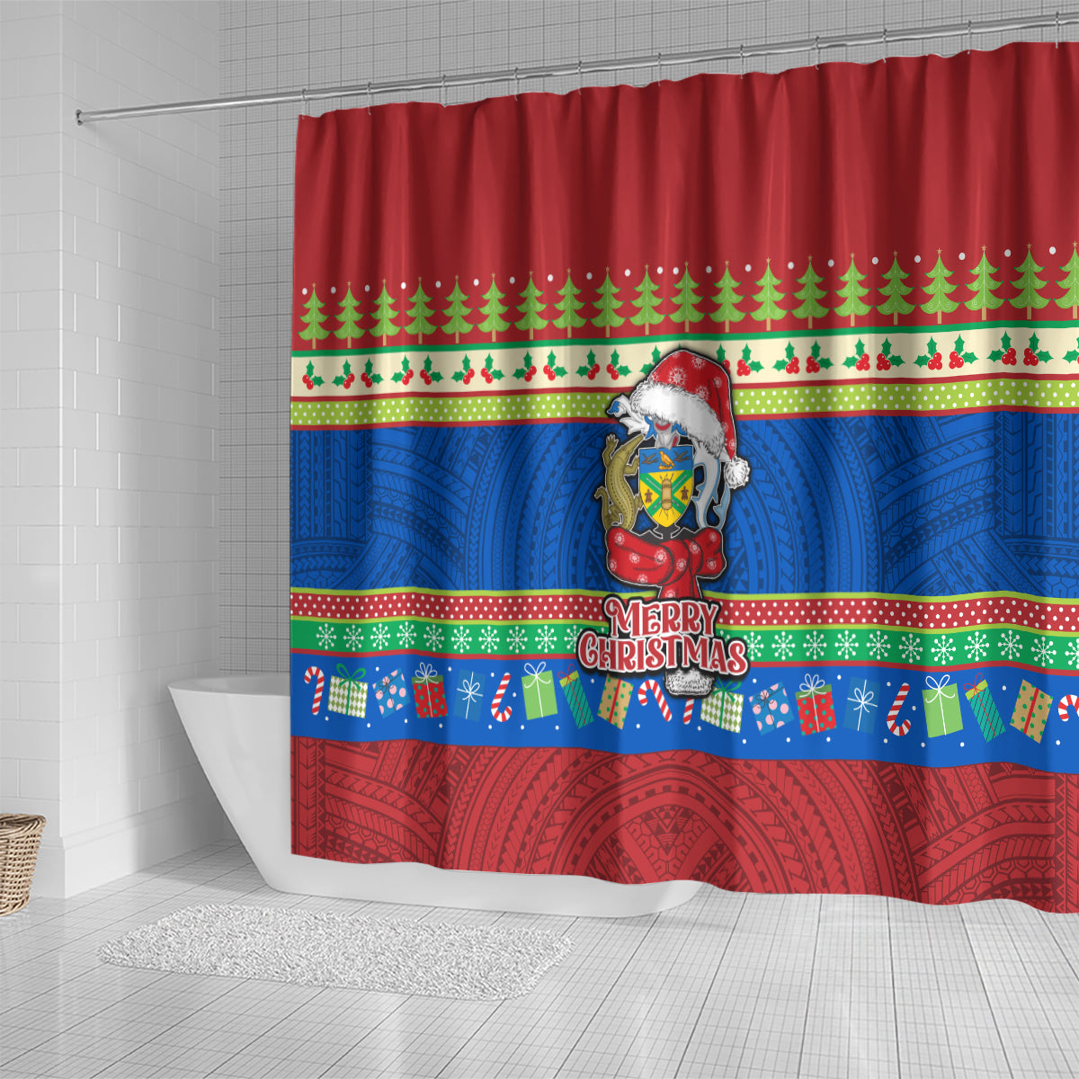 Solomon Islands Christmas Shower Curtain Santa With Flag Of Solomon Polynesian Tribal Xmas Vibe LT03 - Polynesian Pride