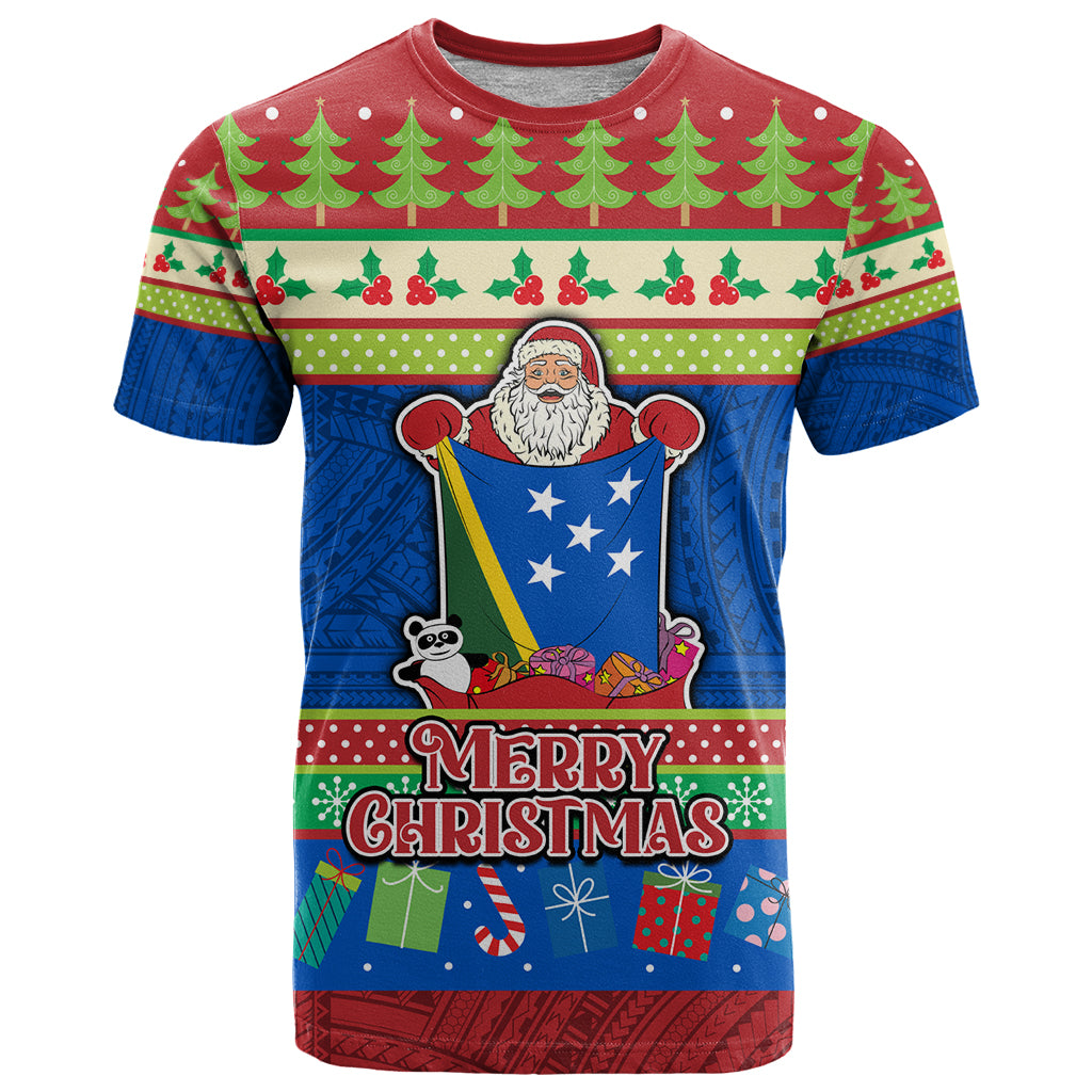 Solomon Islands Christmas T Shirt Santa With Flag Of Solomon Polynesian Tribal Xmas Vibe LT03 Blue - Polynesian Pride