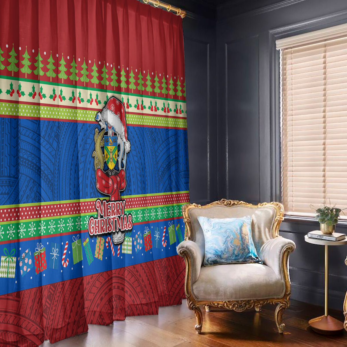 Solomon Islands Christmas Window Curtain Santa With Flag Of Solomon Polynesian Tribal Xmas Vibe LT03 With Hooks Blue - Polynesian Pride