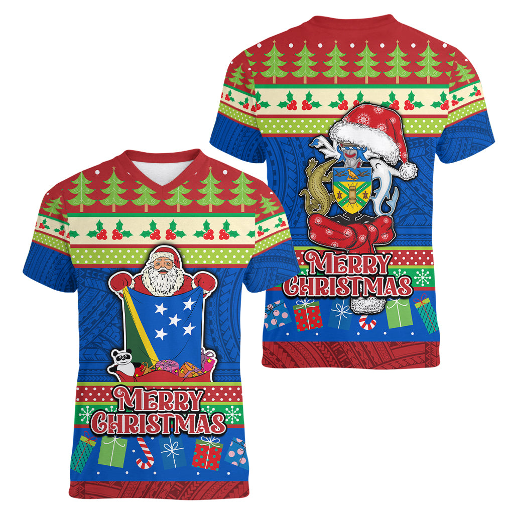 Solomon Islands Christmas Women V Neck T Shirt Santa With Flag Of Solomon Polynesian Tribal Xmas Vibe LT03 - Polynesian Pride