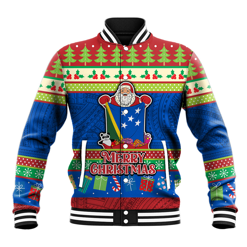 Personalised Solomon Islands Christmas Baseball Jacket Santa With Flag Of Solomon Polynesian Tribal Xmas Vibe LT03 Unisex Blue - Polynesian Pride