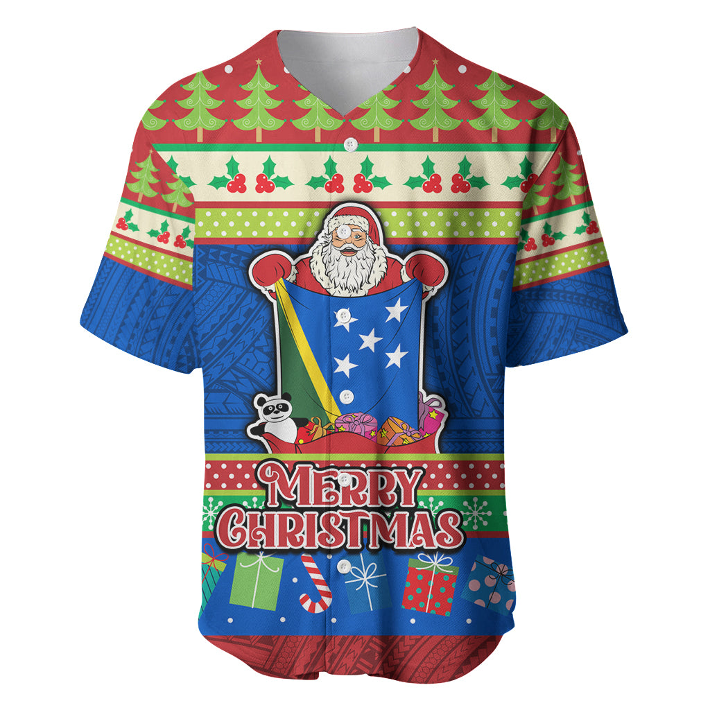 Personalised Solomon Islands Christmas Baseball Jersey Santa With Flag Of Solomon Polynesian Tribal Xmas Vibe LT03 Blue - Polynesian Pride