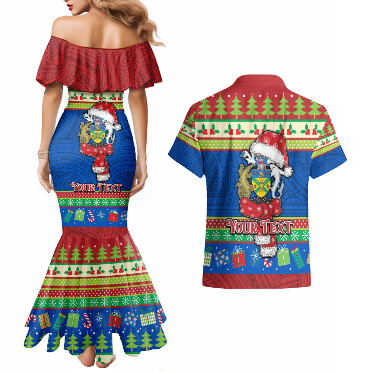 Personalised Solomon Islands Christmas Couples Matching Mermaid Dress and Hawaiian Shirt Santa With Flag Of Solomon Polynesian Tribal Xmas Vibe LT03 - Polynesian Pride