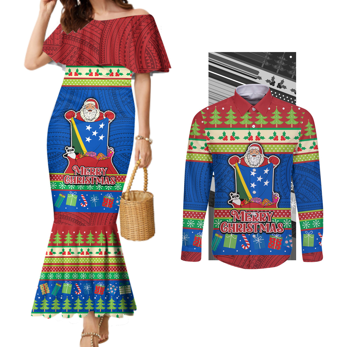 Personalised Solomon Islands Christmas Couples Matching Mermaid Dress and Long Sleeve Button Shirt Santa With Flag Of Solomon Polynesian Tribal Xmas Vibe LT03 Blue - Polynesian Pride