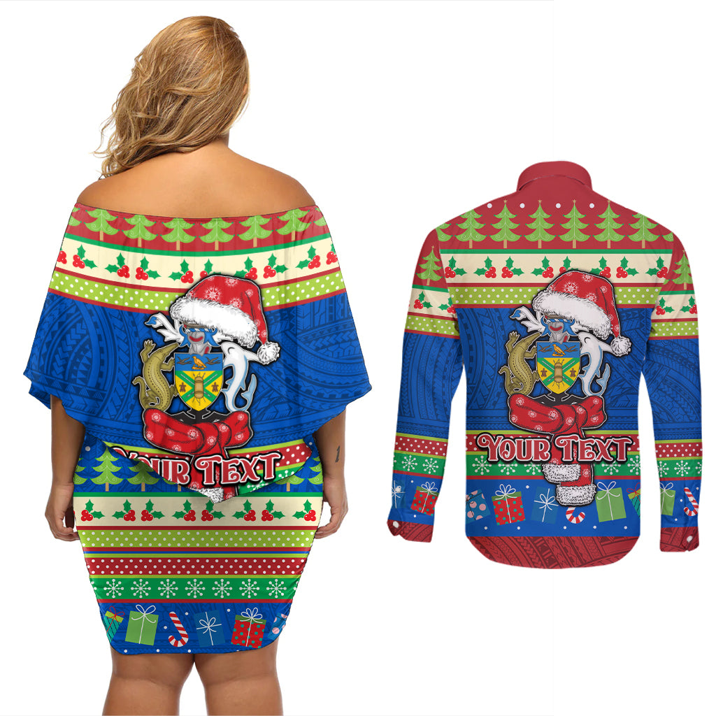 Personalised Solomon Islands Christmas Couples Matching Off Shoulder Short Dress and Long Sleeve Button Shirt Santa With Flag Of Solomon Polynesian Tribal Xmas Vibe LT03 - Polynesian Pride