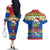 Personalised Solomon Islands Christmas Couples Matching Off The Shoulder Long Sleeve Dress and Hawaiian Shirt Santa With Flag Of Solomon Polynesian Tribal Xmas Vibe LT03 - Polynesian Pride