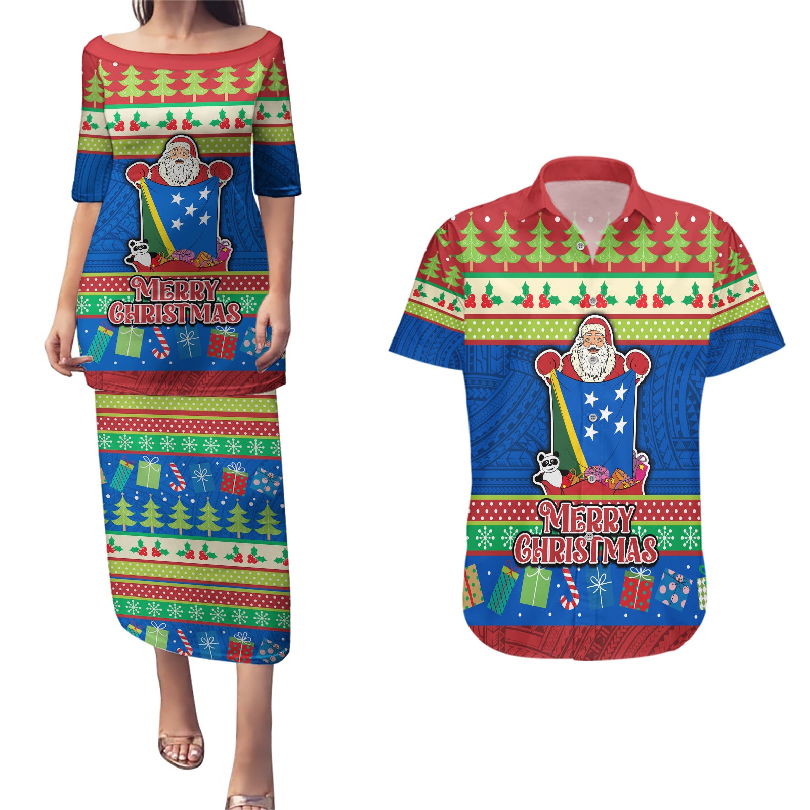 Personalised Solomon Islands Christmas Couples Matching Puletasi Dress and Hawaiian Shirt Santa With Flag Of Solomon Polynesian Tribal Xmas Vibe LT03 Blue - Polynesian Pride