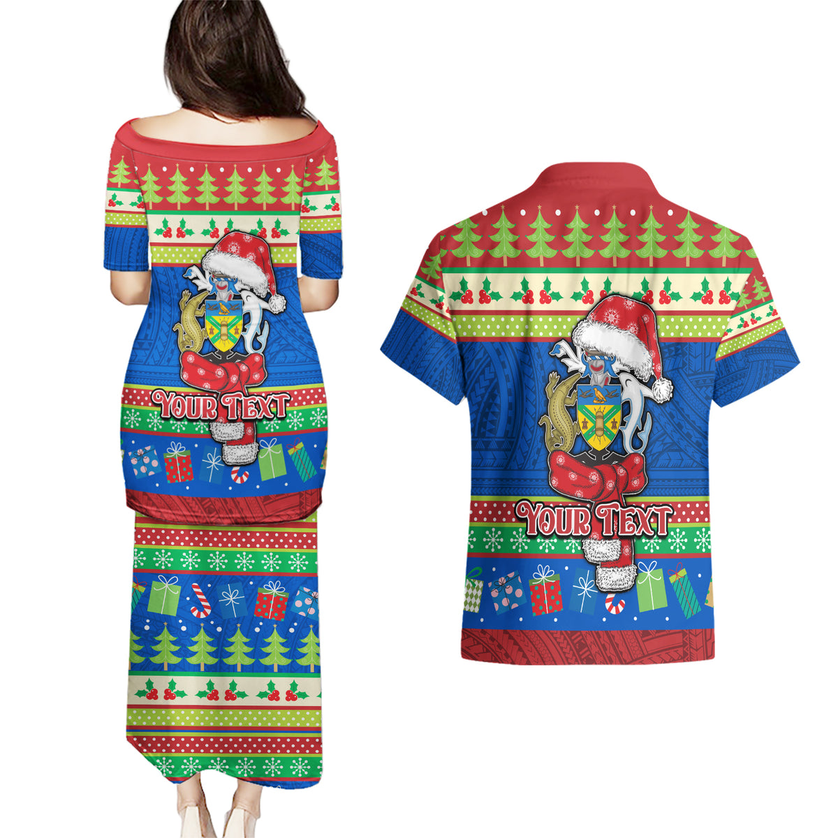 Personalised Solomon Islands Christmas Couples Matching Puletasi Dress and Hawaiian Shirt Santa With Flag Of Solomon Polynesian Tribal Xmas Vibe LT03 - Polynesian Pride