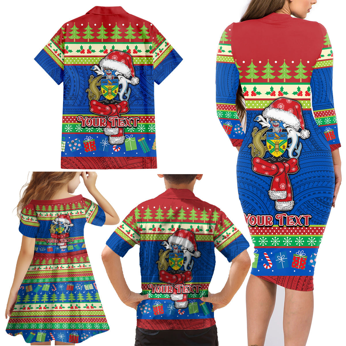 Personalised Solomon Islands Christmas Family Matching Long Sleeve Bodycon Dress and Hawaiian Shirt Santa With Flag Of Solomon Polynesian Tribal Xmas Vibe LT03 - Polynesian Pride