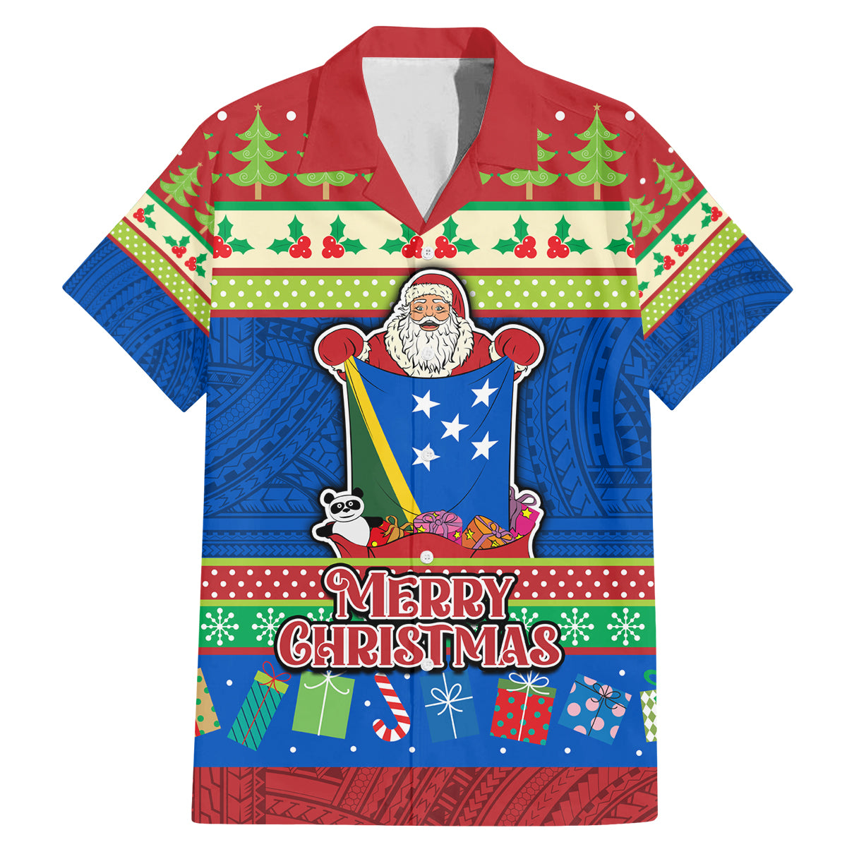 Personalised Solomon Islands Christmas Family Matching Mermaid Dress and Hawaiian Shirt Santa With Flag Of Solomon Polynesian Tribal Xmas Vibe LT03 Dad's Shirt - Short Sleeve Blue - Polynesian Pride