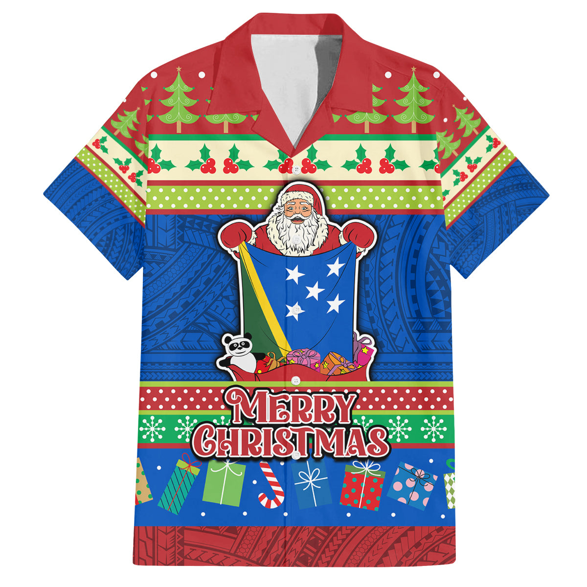 Personalised Solomon Islands Christmas Family Matching Tank Maxi Dress and Hawaiian Shirt Santa With Flag Of Solomon Polynesian Tribal Xmas Vibe LT03 Dad's Shirt - Short Sleeve Blue - Polynesian Pride