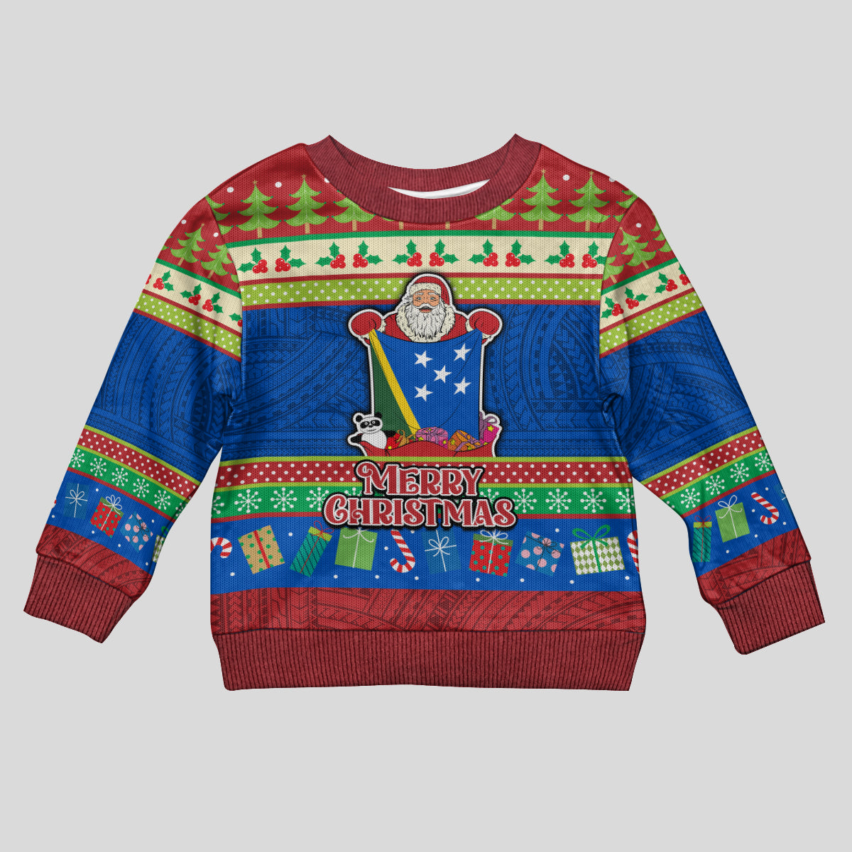 Personalised Solomon Islands Christmas Kid Ugly Christmas Sweater Santa With Flag Of Solomon Polynesian Tribal Xmas Vibe LT03 Kid Blue - Polynesian Pride