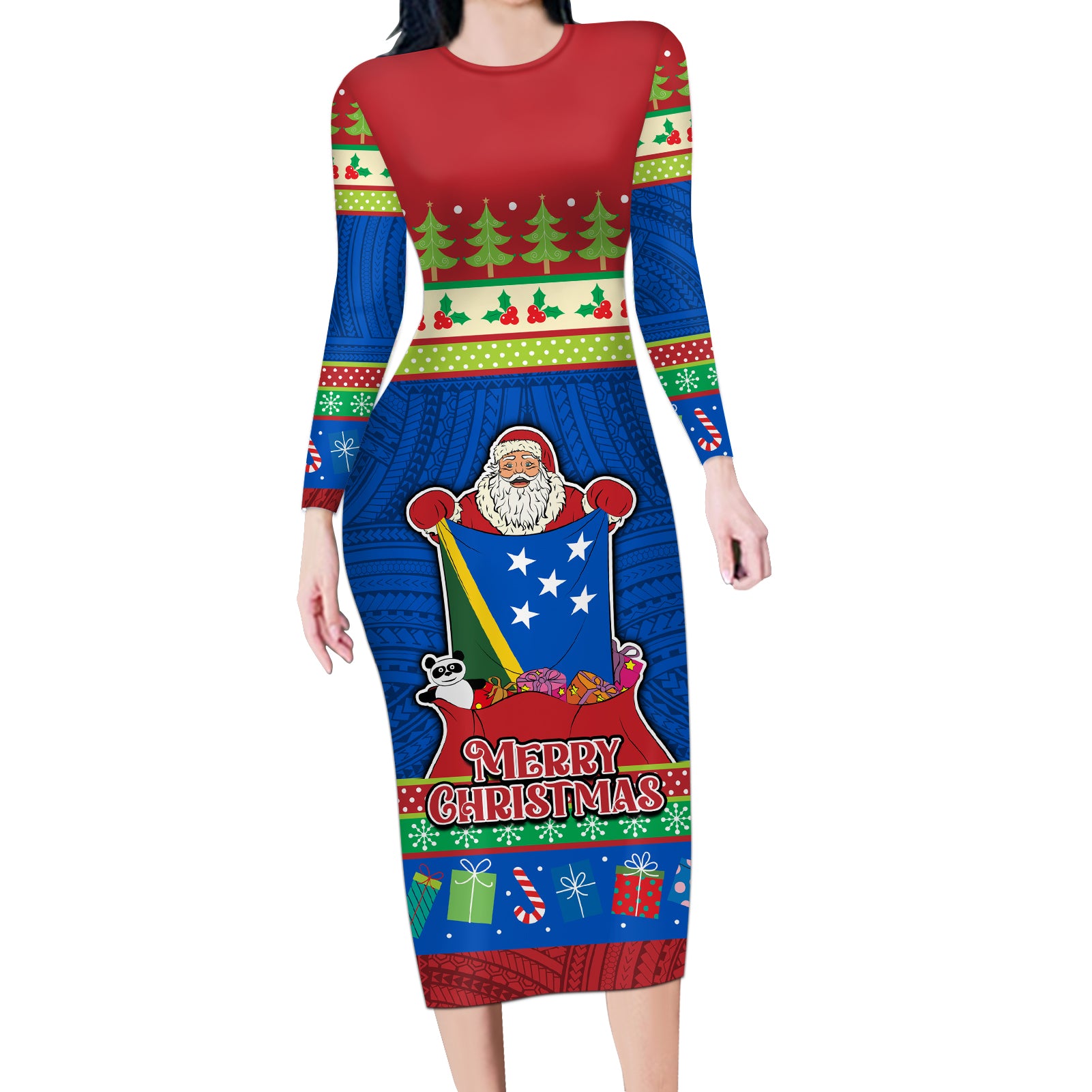 Personalised Solomon Islands Christmas Long Sleeve Bodycon Dress Santa With Flag Of Solomon Polynesian Tribal Xmas Vibe LT03 Long Dress Blue - Polynesian Pride