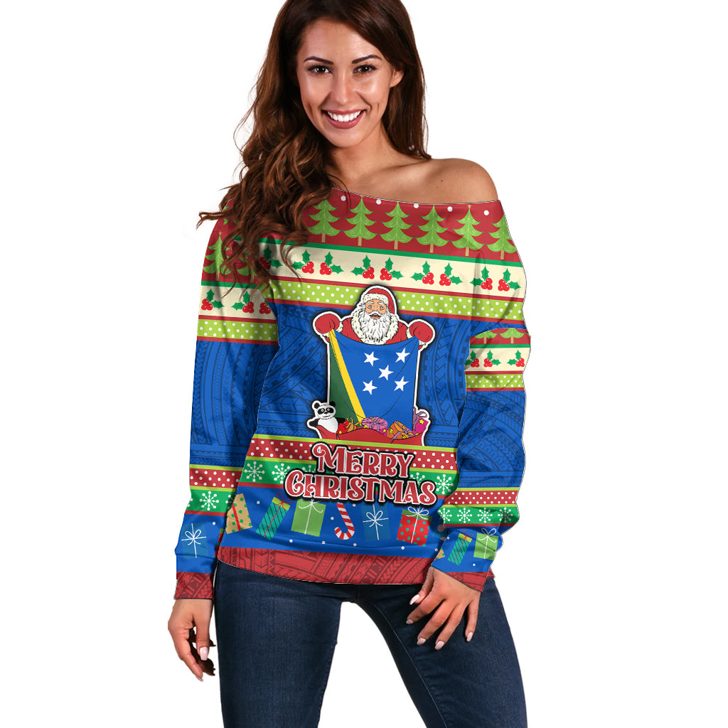 Personalised Solomon Islands Christmas Off Shoulder Sweater Santa With Flag Of Solomon Polynesian Tribal Xmas Vibe LT03 Women Blue - Polynesian Pride