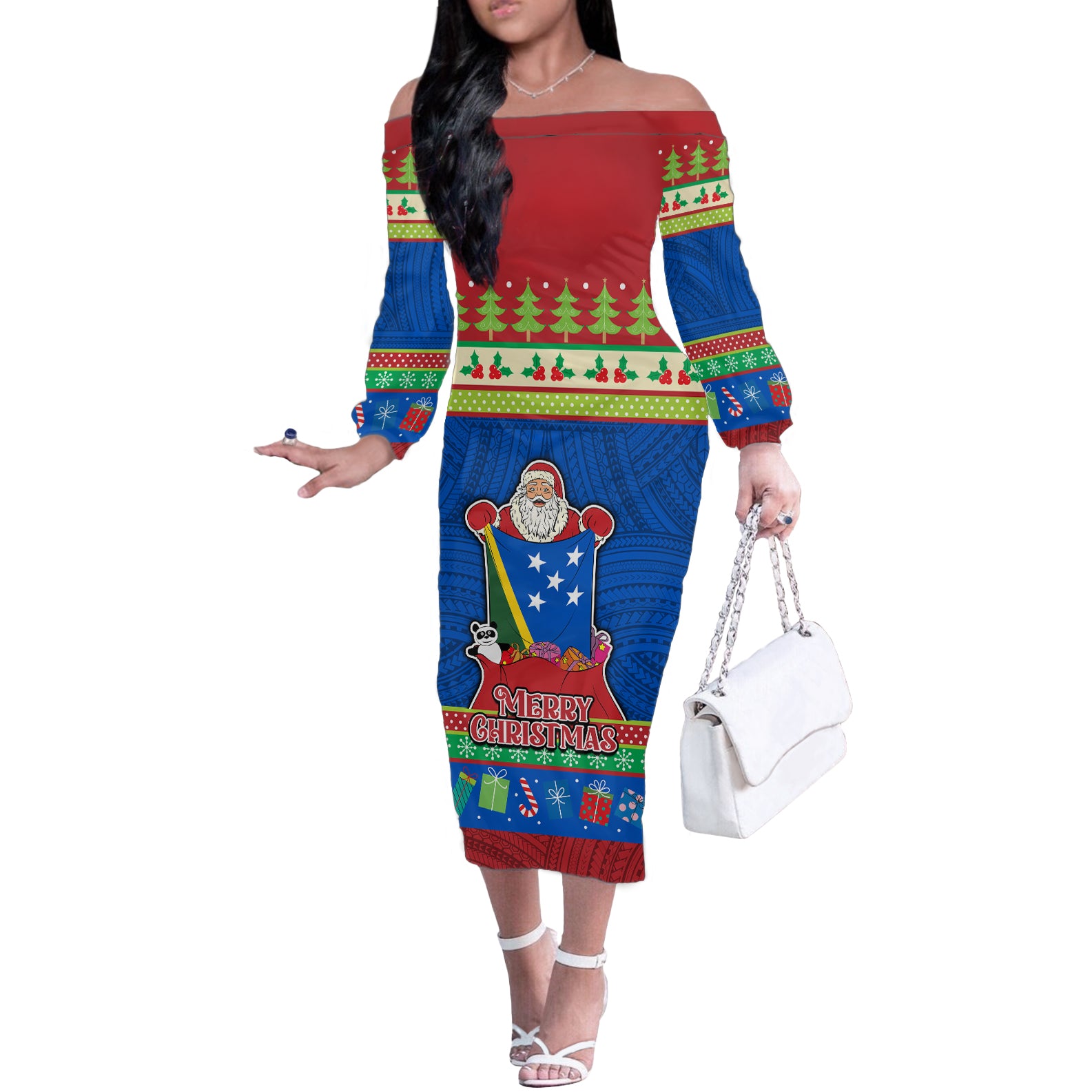 Personalised Solomon Islands Christmas Off The Shoulder Long Sleeve Dress Santa With Flag Of Solomon Polynesian Tribal Xmas Vibe LT03 Women Blue - Polynesian Pride