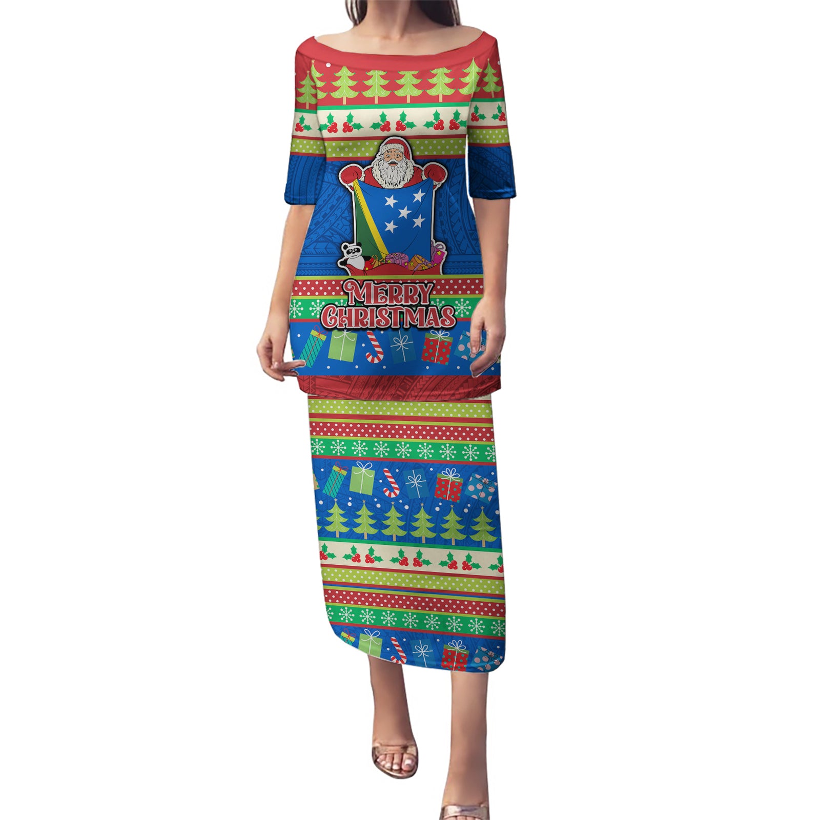 Personalised Solomon Islands Christmas Puletasi Santa With Flag Of Solomon Polynesian Tribal Xmas Vibe LT03 Long Dress Blue - Polynesian Pride