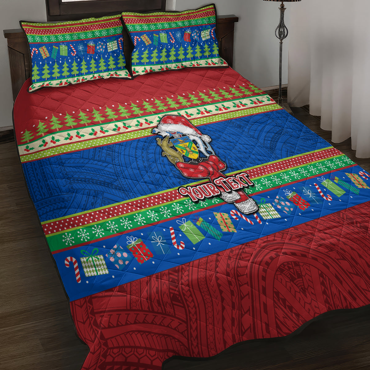 Personalised Solomon Islands Christmas Quilt Bed Set Santa With Flag Of Solomon Polynesian Tribal Xmas Vibe LT03 - Polynesian Pride