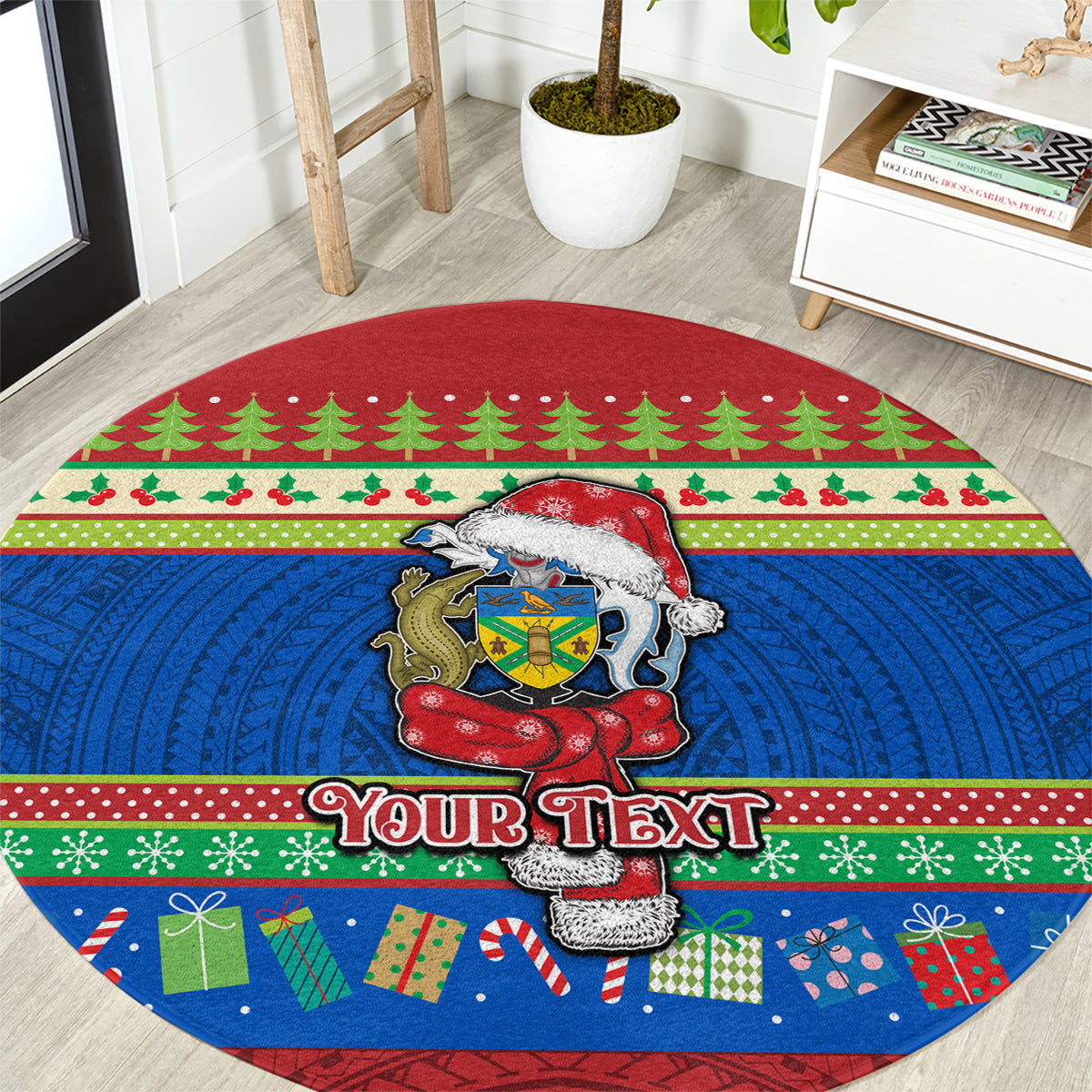 Personalised Solomon Islands Christmas Round Carpet Santa With Flag Of Solomon Polynesian Tribal Xmas Vibe LT03 Blue - Polynesian Pride