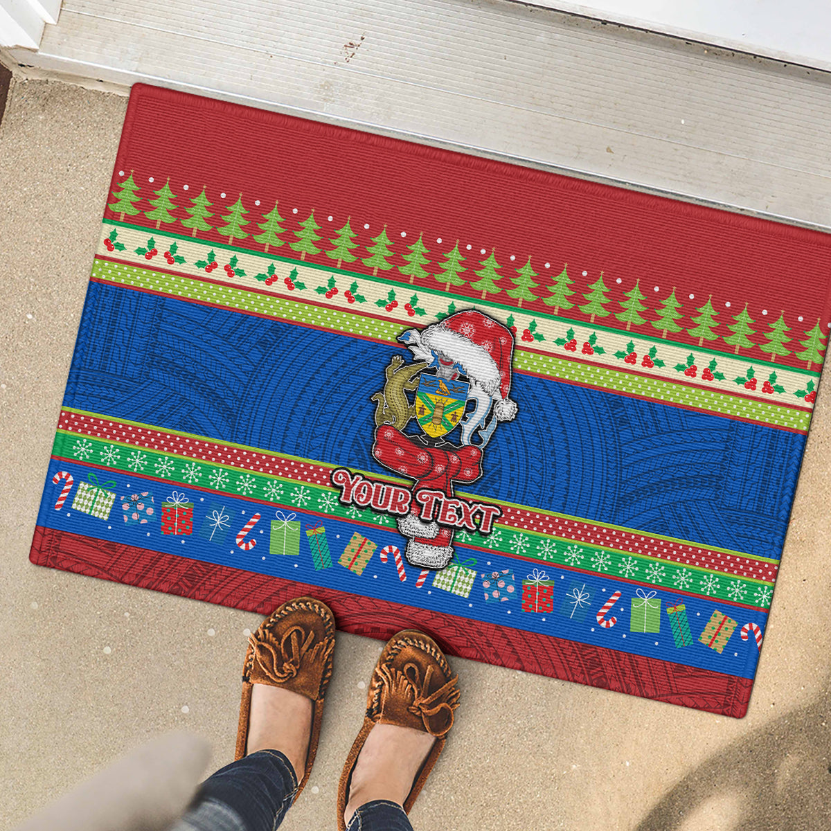 Personalised Solomon Islands Christmas Rubber Doormat Santa With Flag Of Solomon Polynesian Tribal Xmas Vibe LT03 - Polynesian Pride
