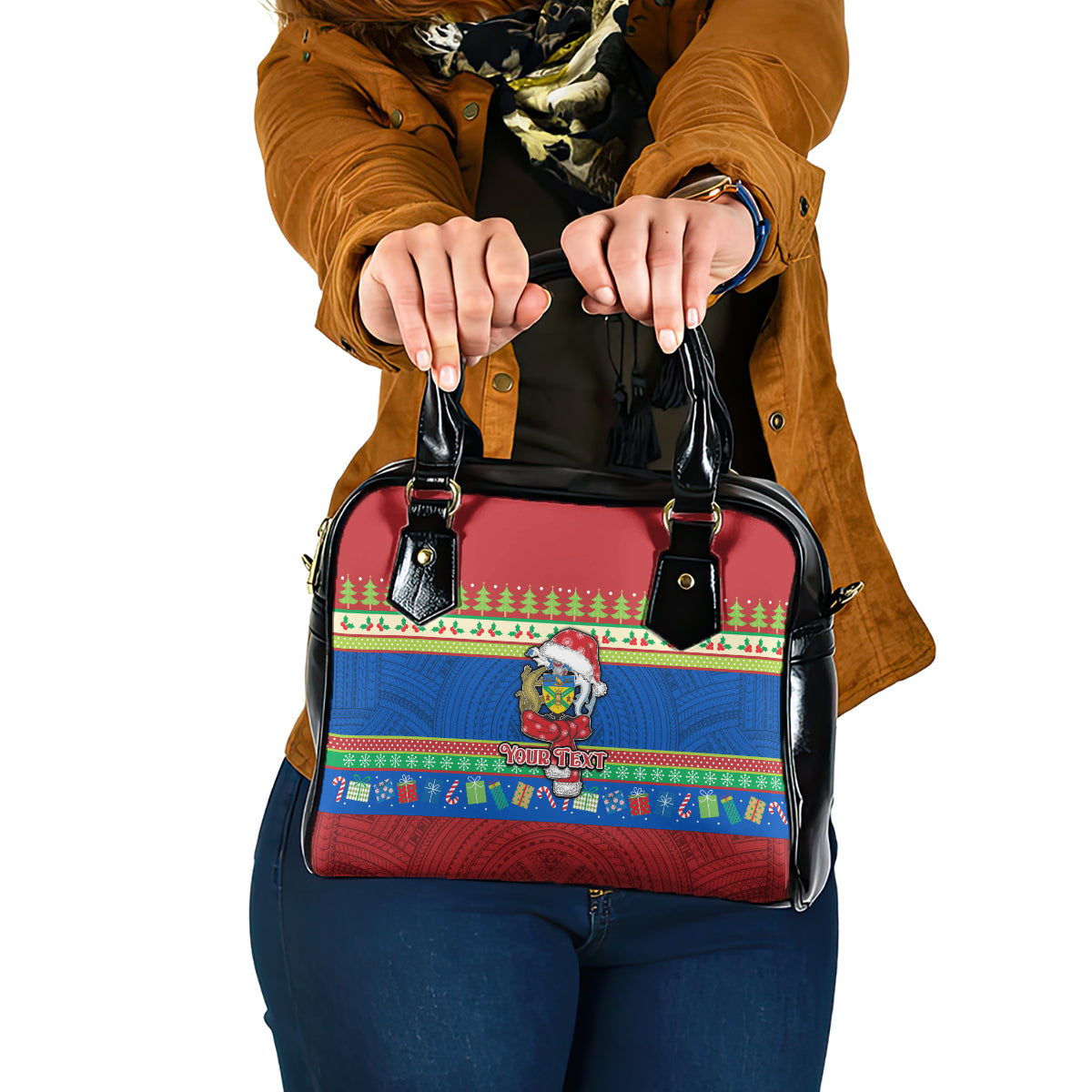 Personalised Solomon Islands Christmas Shoulder Handbag Santa With Flag Of Solomon Polynesian Tribal Xmas Vibe LT03 One Size Blue - Polynesian Pride