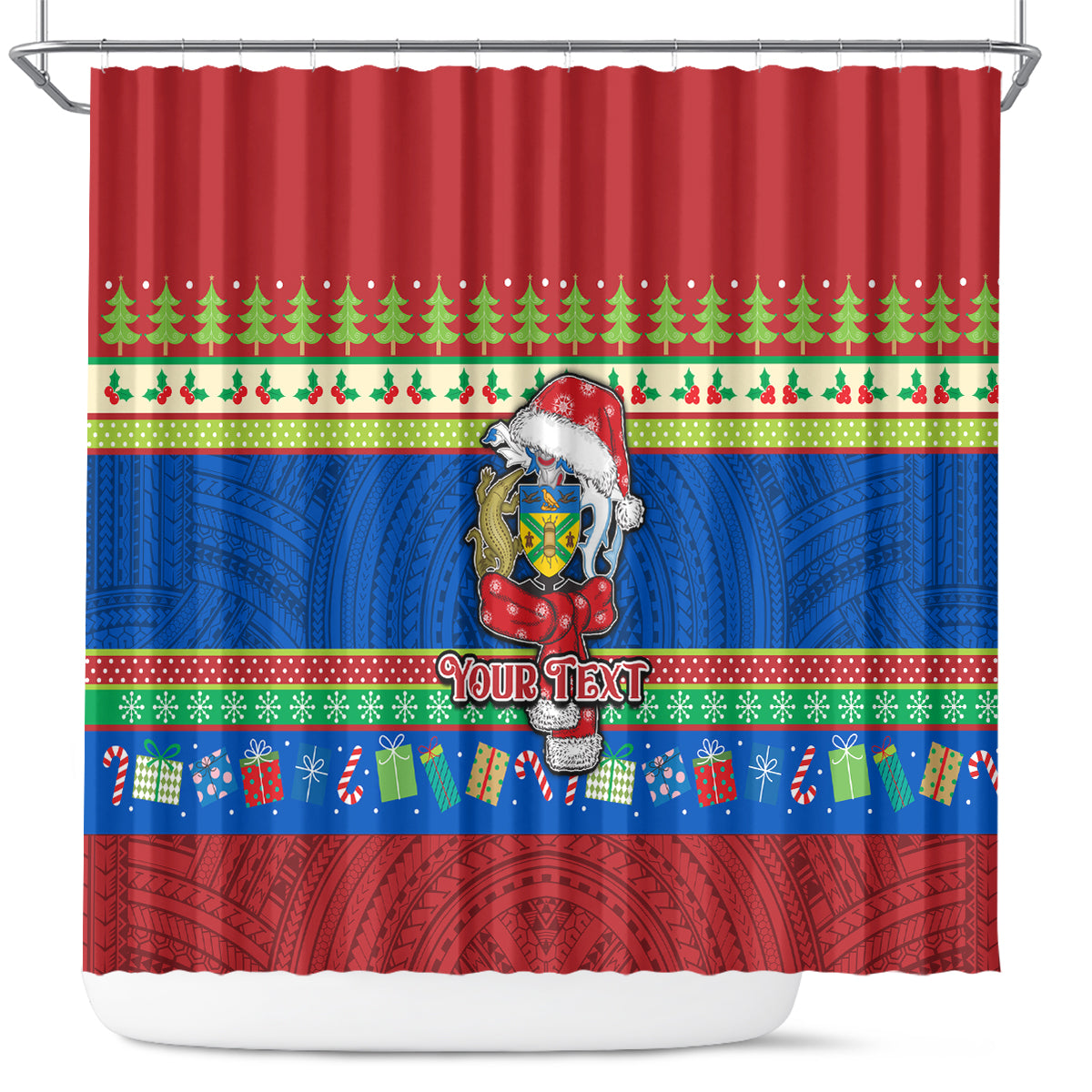 Personalised Solomon Islands Christmas Shower Curtain Santa With Flag Of Solomon Polynesian Tribal Xmas Vibe LT03 Blue - Polynesian Pride