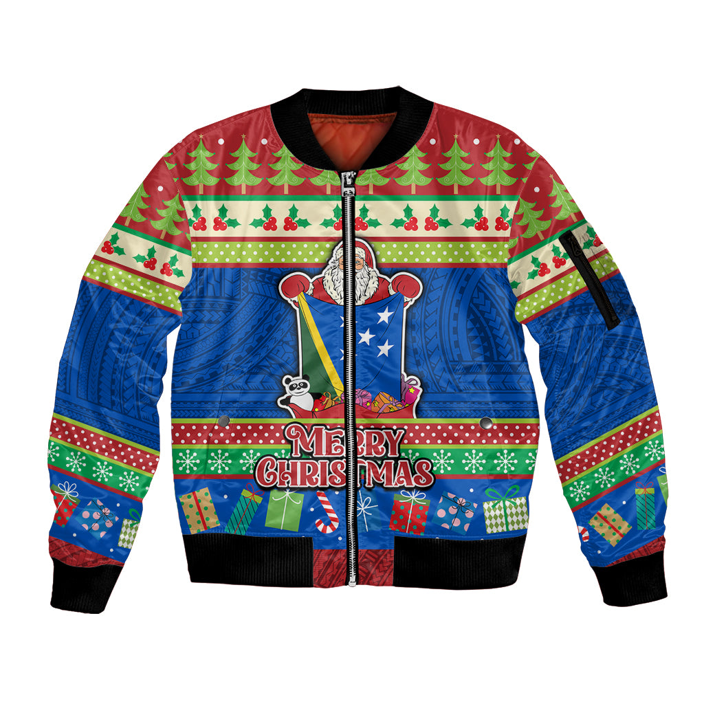 Personalised Solomon Islands Christmas Sleeve Zip Bomber Jacket Santa With Flag Of Solomon Polynesian Tribal Xmas Vibe LT03 Unisex Blue - Polynesian Pride