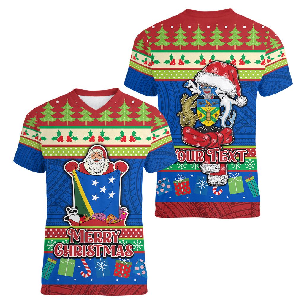 Personalised Solomon Islands Christmas Women V Neck T Shirt Santa With Flag Of Solomon Polynesian Tribal Xmas Vibe LT03 - Polynesian Pride