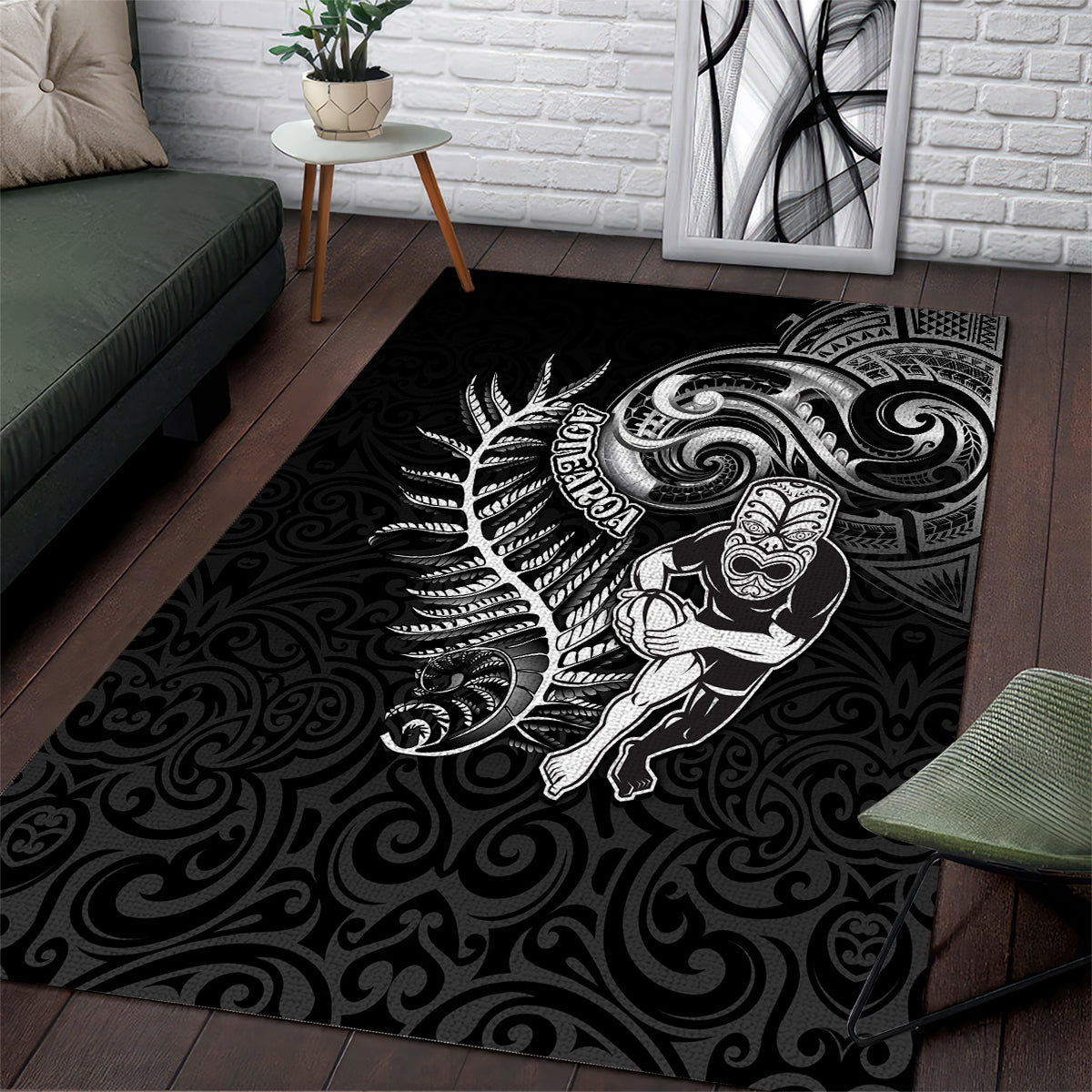 New Zealand Rugby Area Rug Maori Warrior Rugby with Silver Fern Sleeve Tribal Ethnic Style LT03 Black - Polynesian Pride