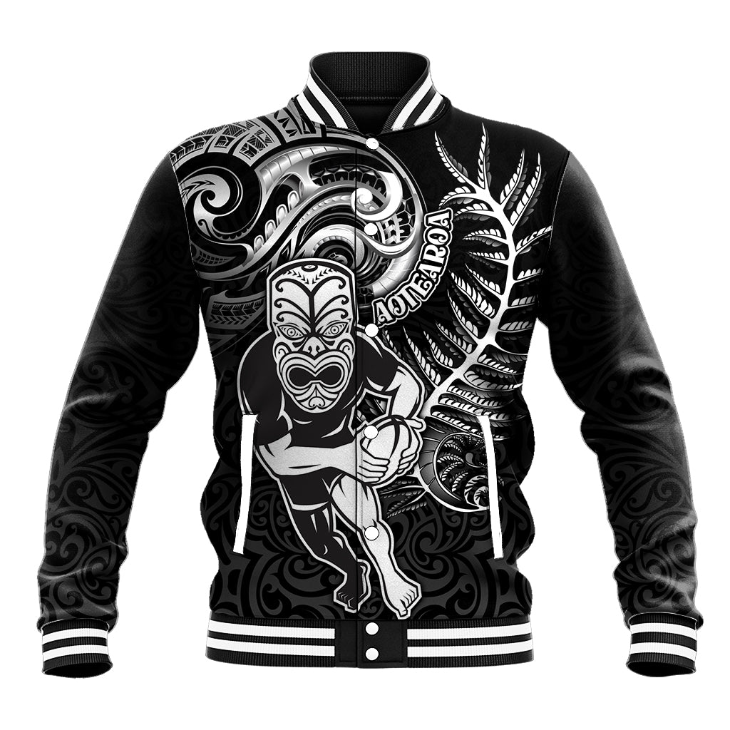 New Zealand Rugby Baseball Jacket Maori Warrior Rugby with Silver Fern Sleeve Tribal Ethnic Style LT03 Unisex Black - Polynesian Pride