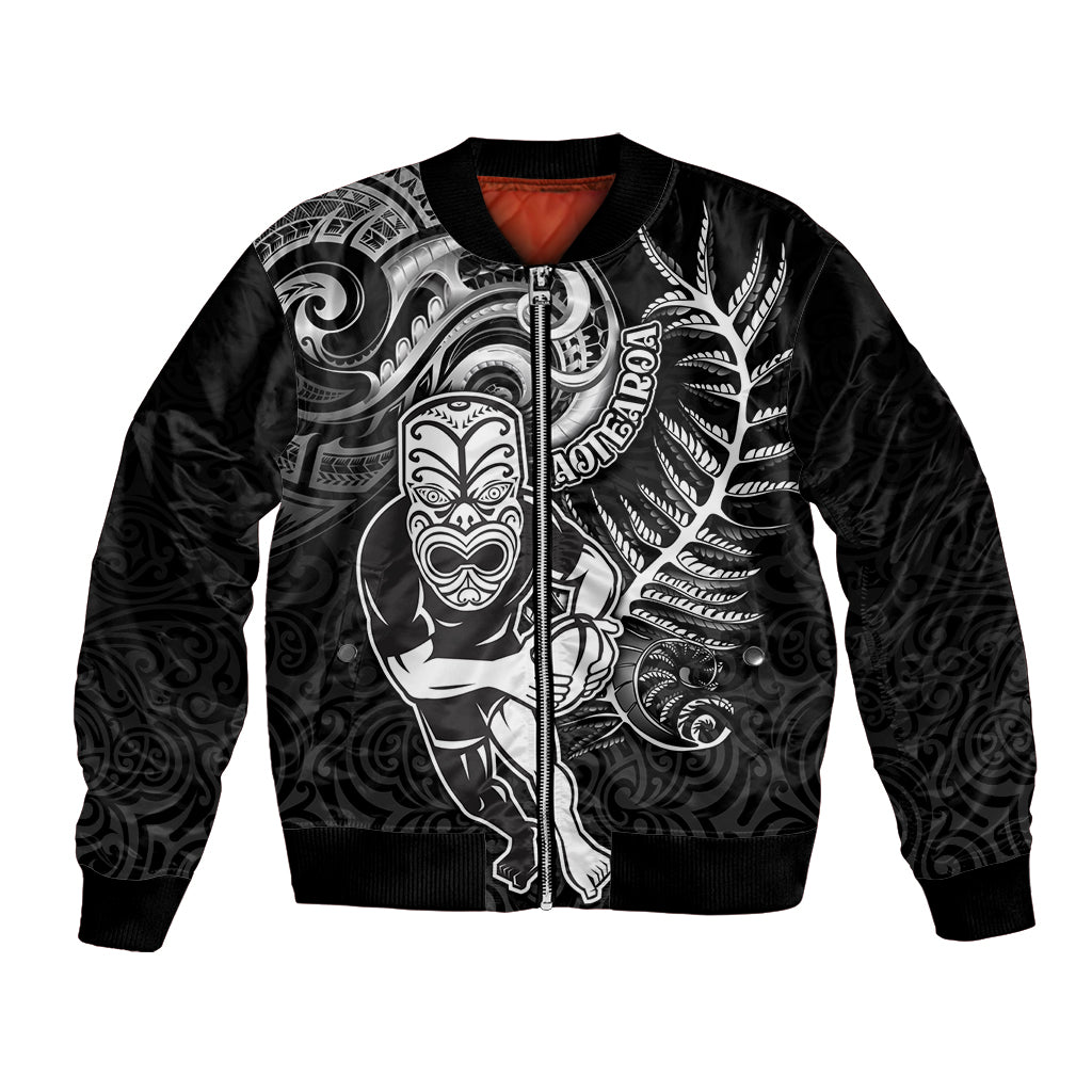 New Zealand Rugby Bomber Jacket Maori Warrior Rugby with Silver Fern Sleeve Tribal Ethnic Style LT03 Unisex Black - Polynesian Pride