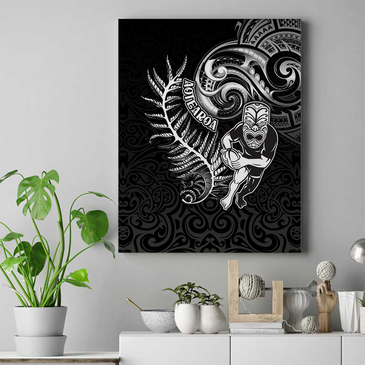 New Zealand Rugby Canvas Wall Art Maori Warrior Rugby with Silver Fern Sleeve Tribal Ethnic Style LT03 Black - Polynesian Pride