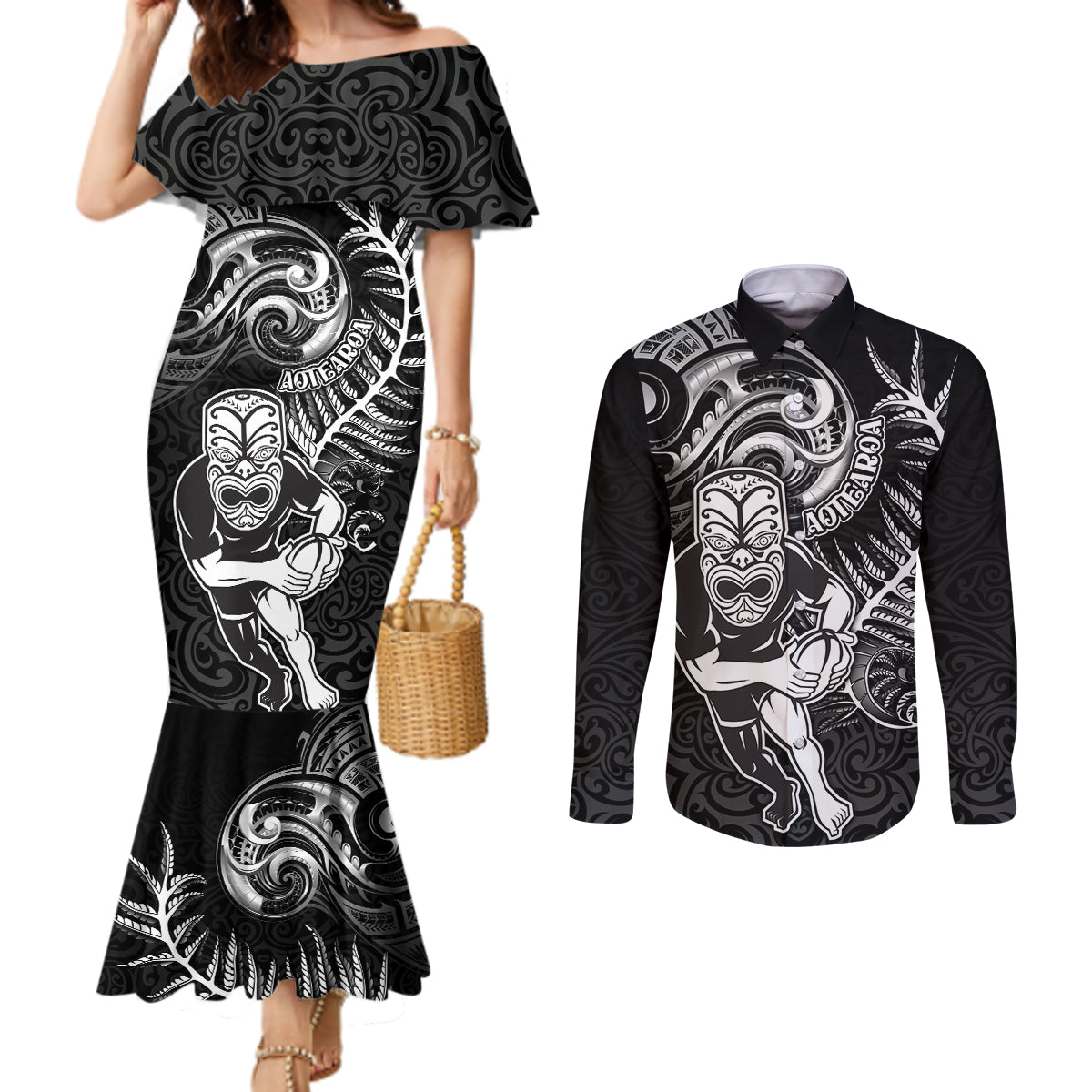 New Zealand Rugby Couples Matching Mermaid Dress and Long Sleeve Button Shirt Maori Warrior Rugby with Silver Fern Sleeve Tribal Ethnic Style LT03 Black - Polynesian Pride