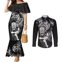 New Zealand Rugby Couples Matching Mermaid Dress and Long Sleeve Button Shirt Maori Warrior Rugby with Silver Fern Sleeve Tribal Ethnic Style LT03 Black - Polynesian Pride