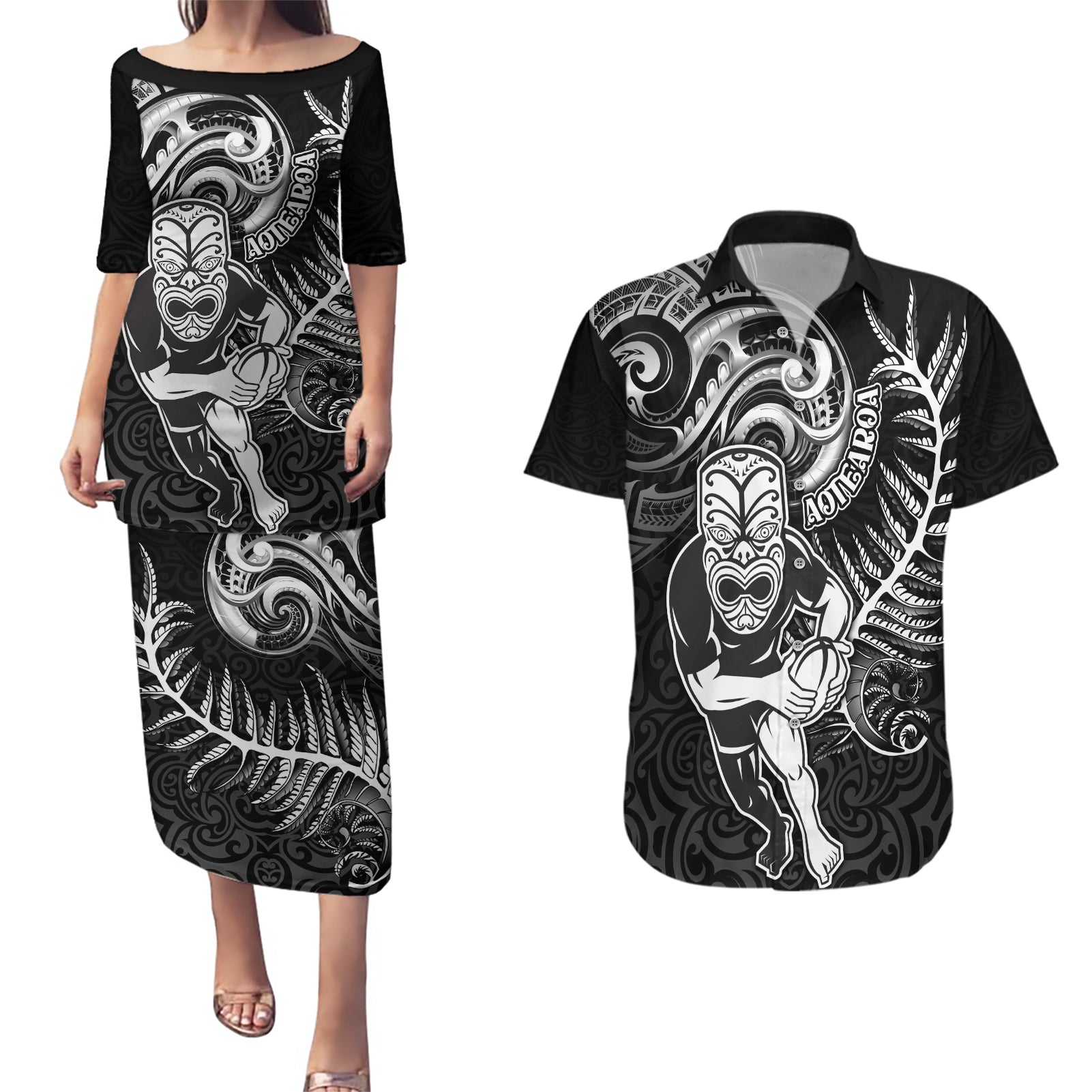 New Zealand Rugby Couples Matching Puletasi Dress and Hawaiian Shirt Maori Warrior Rugby with Silver Fern Sleeve Tribal Ethnic Style LT03 Black - Polynesian Pride