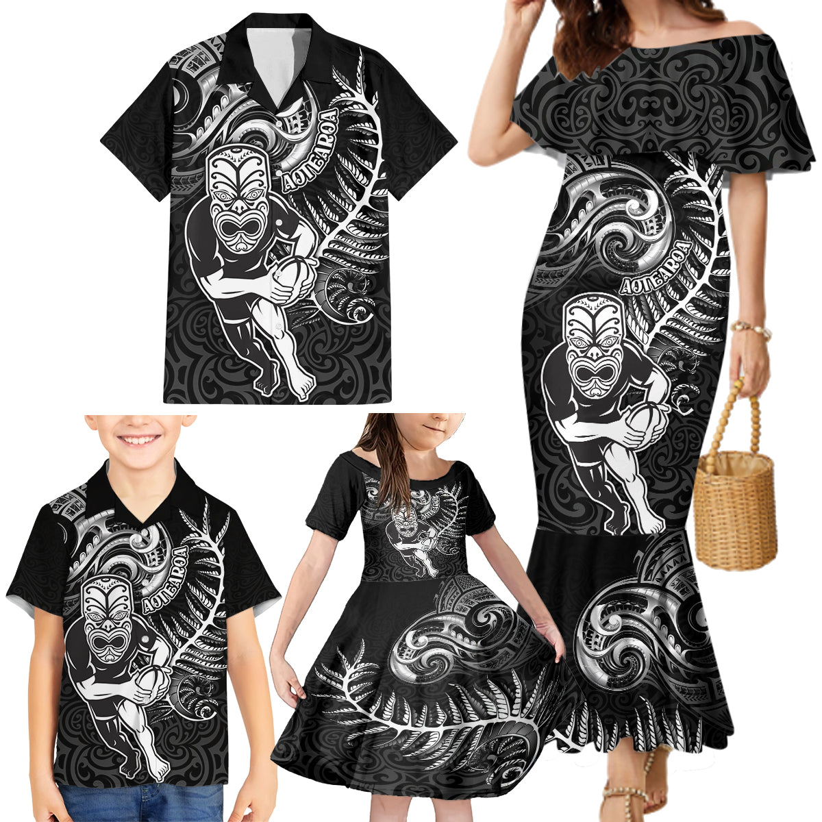 New Zealand Rugby Family Matching Mermaid Dress and Hawaiian Shirt Maori Warrior Rugby with Silver Fern Sleeve Tribal Ethnic Style LT03 - Polynesian Pride