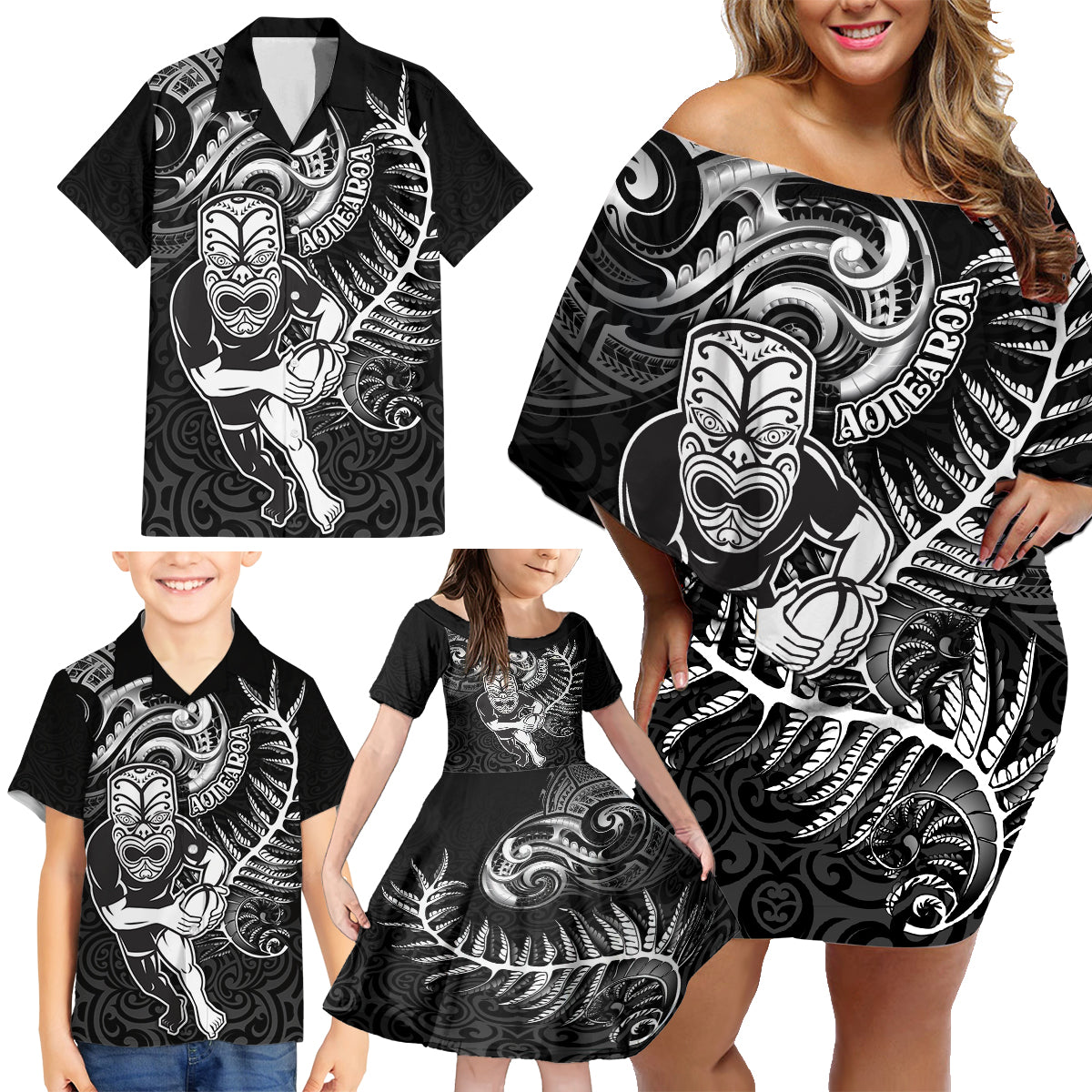 New Zealand Rugby Family Matching Off Shoulder Short Dress and Hawaiian Shirt Maori Warrior Rugby with Silver Fern Sleeve Tribal Ethnic Style LT03 - Polynesian Pride