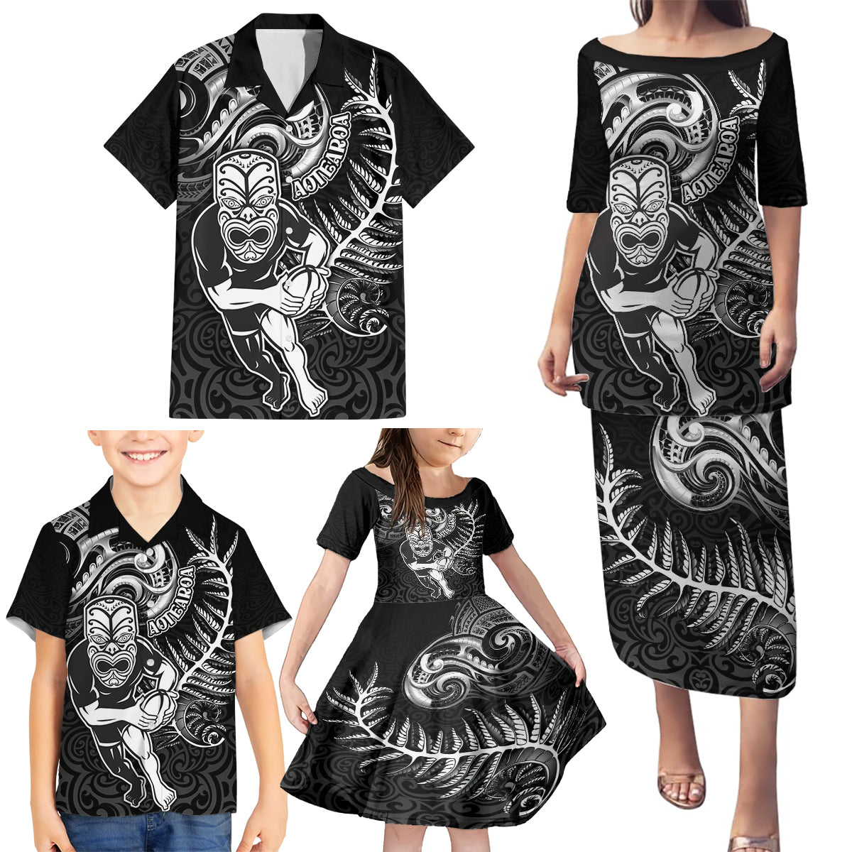 New Zealand Rugby Family Matching Puletasi Dress and Hawaiian Shirt Maori Warrior Rugby with Silver Fern Sleeve Tribal Ethnic Style LT03 - Polynesian Pride