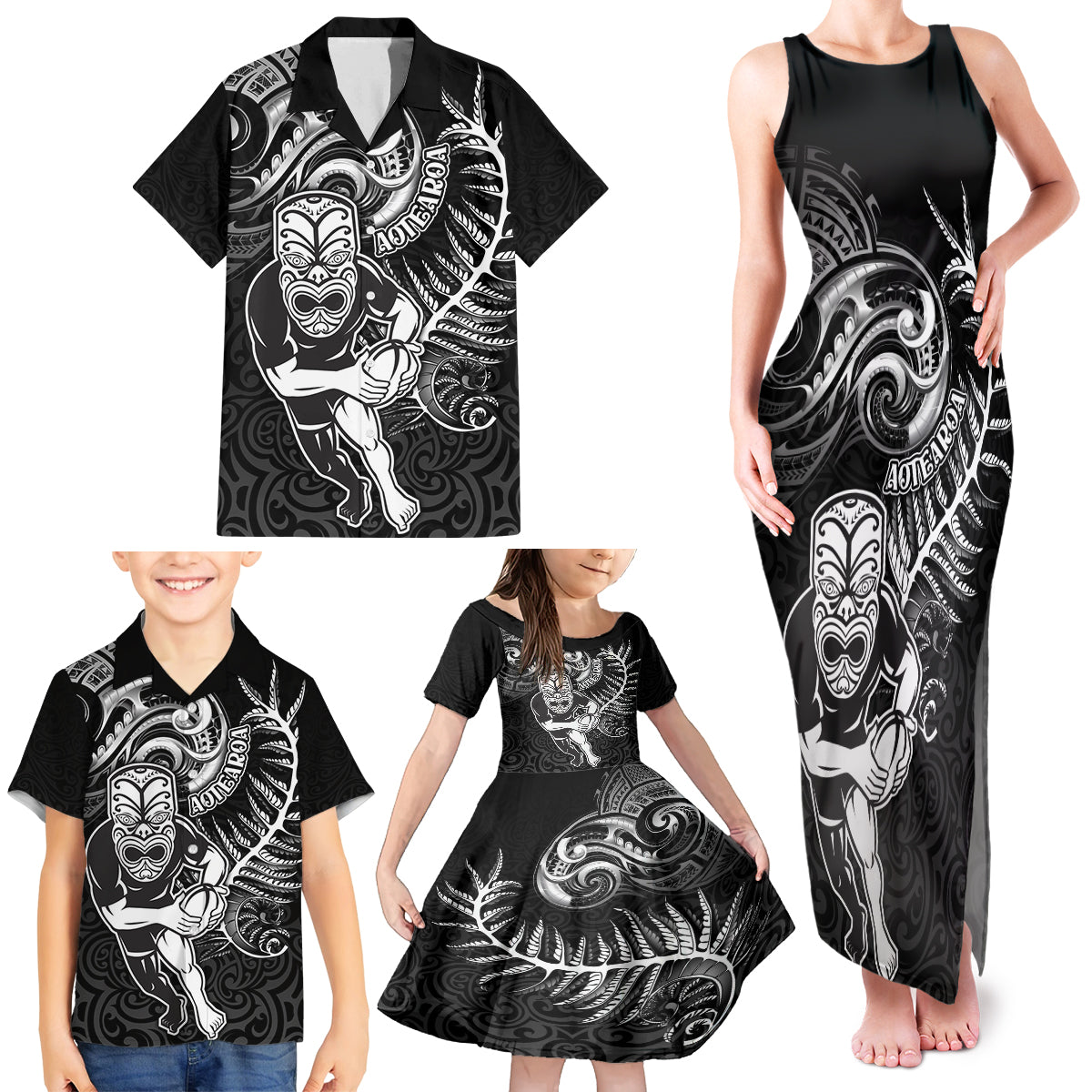 New Zealand Rugby Family Matching Tank Maxi Dress and Hawaiian Shirt Maori Warrior Rugby with Silver Fern Sleeve Tribal Ethnic Style LT03 - Polynesian Pride